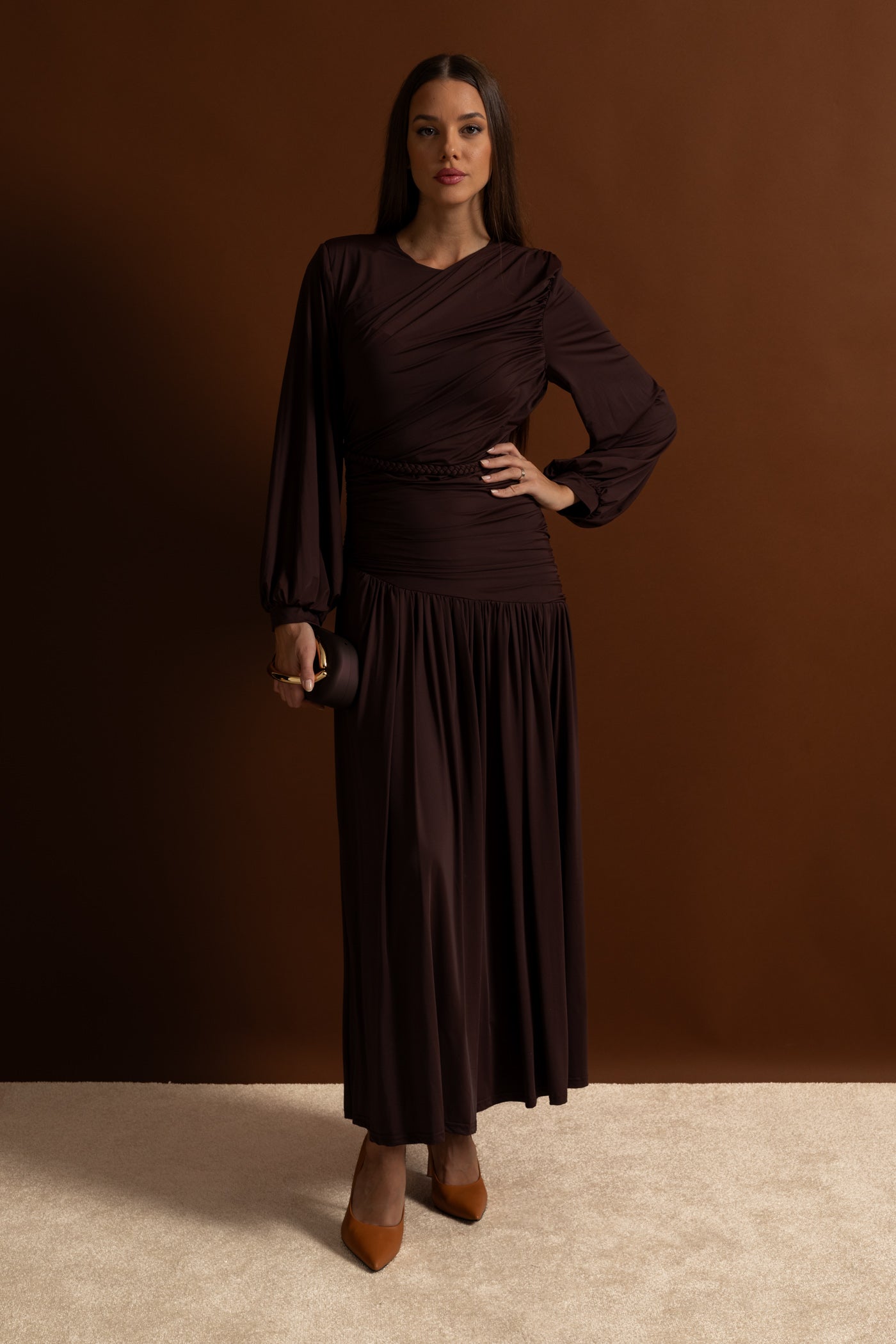 Draped Maxi Dress with Braided Waist Detail - Brown