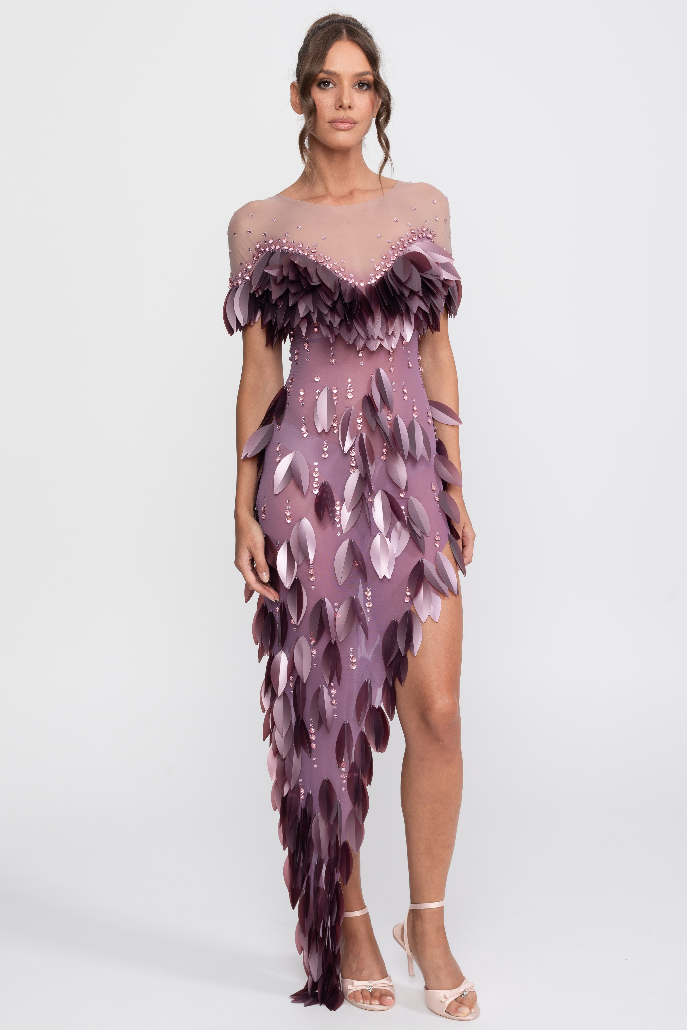 3D Petal Beaded Slit Dress With Short Sleeves - Purple