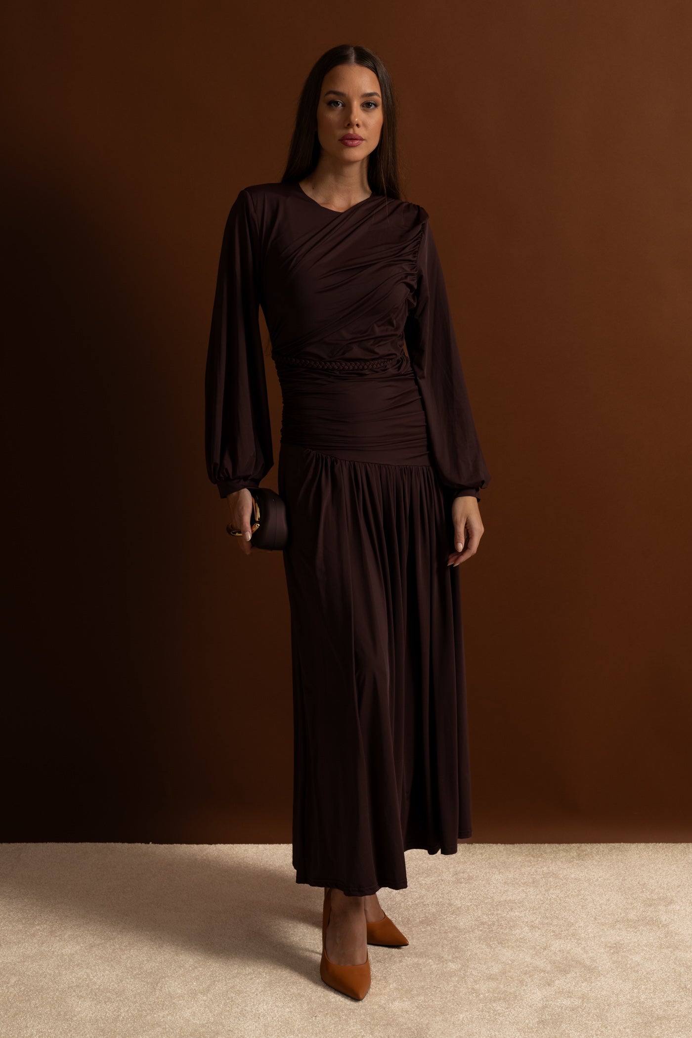 Draped Maxi Dress with Braided Waist Detail - Brown
