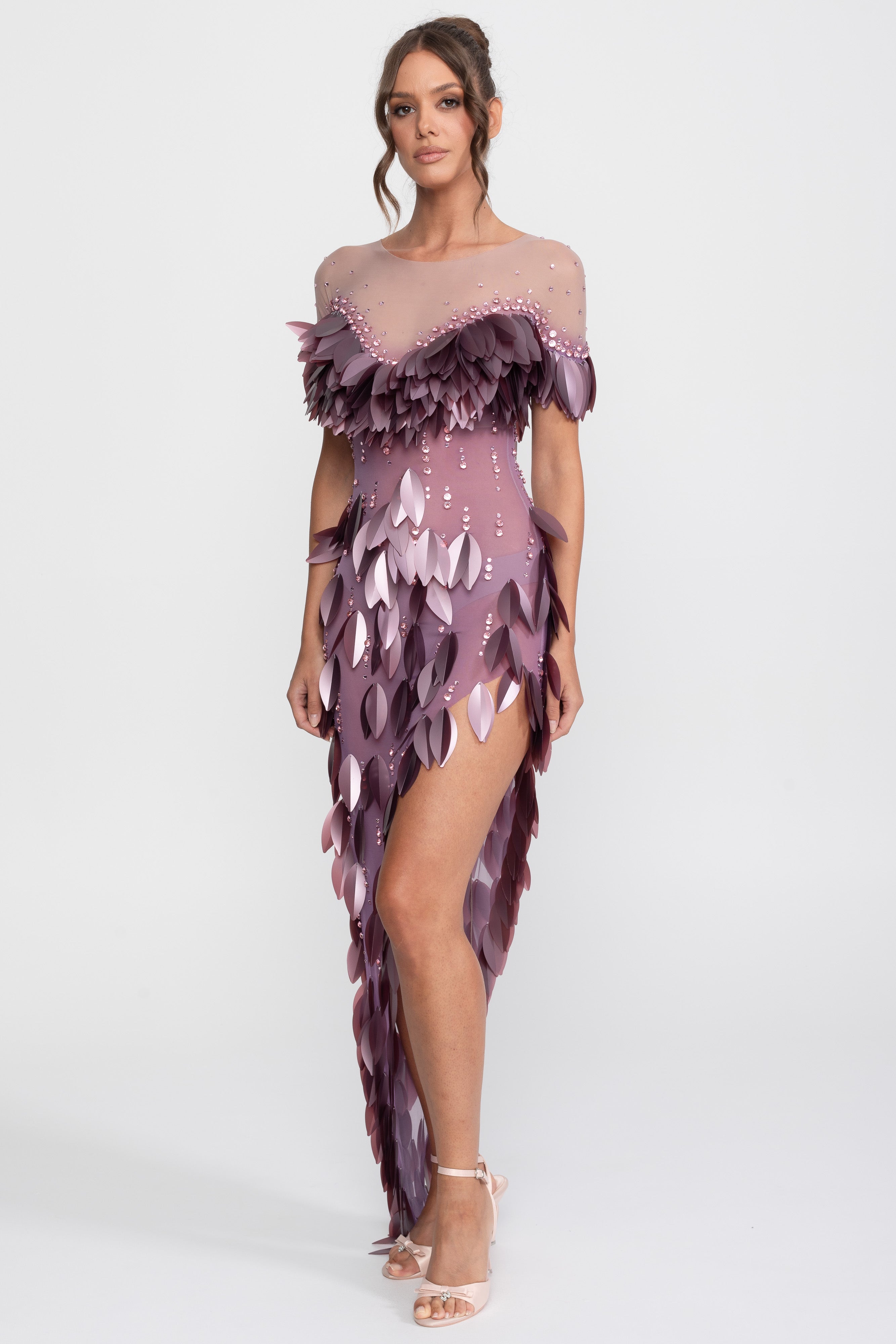 3D Petal Beaded Slit Dress With Short Sleeves - Purple