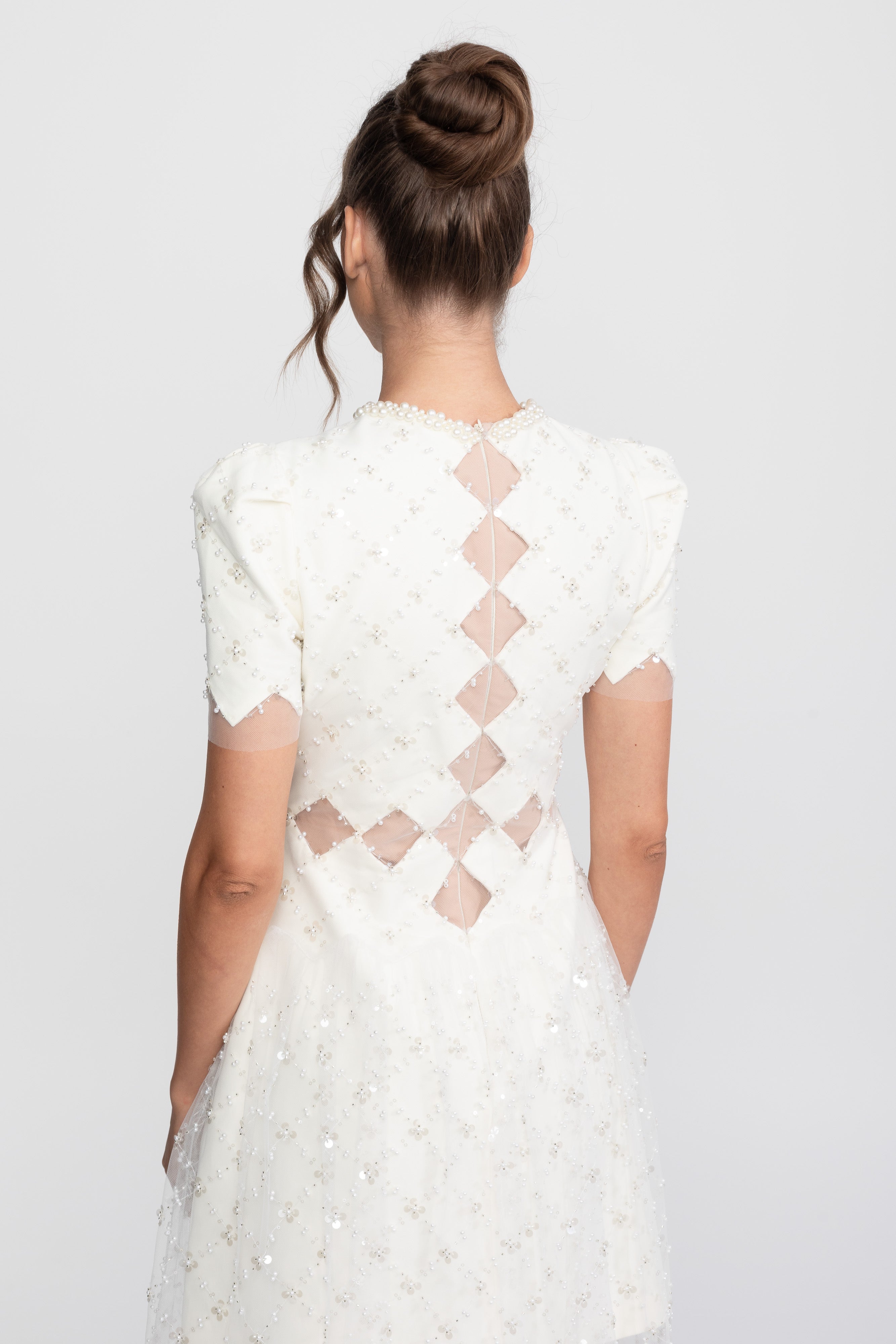 Diamond Cut-Out Beaded Dress With Pearl Trim - White