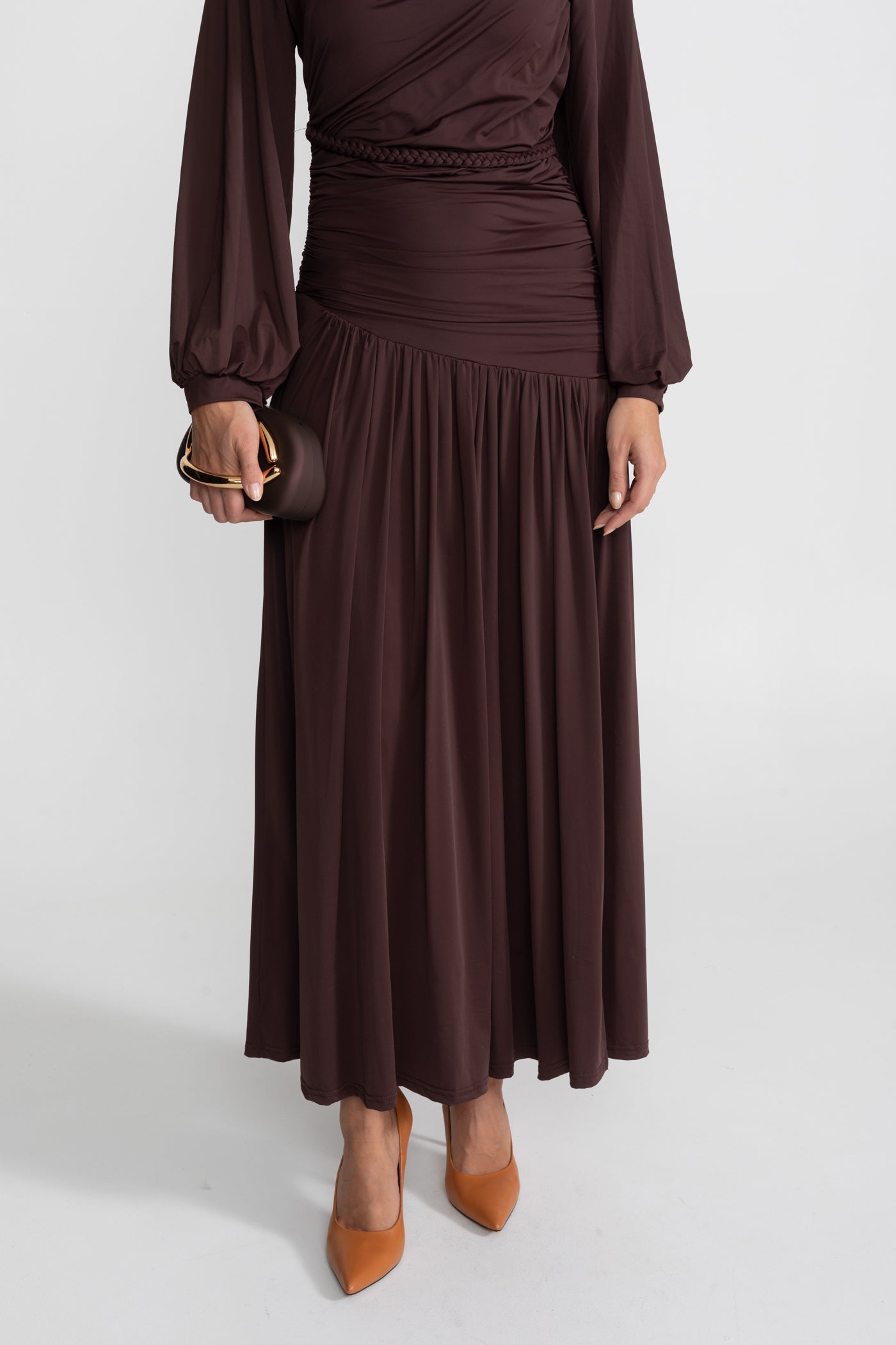 Draped Maxi Dress with Braided Waist Detail - Brown