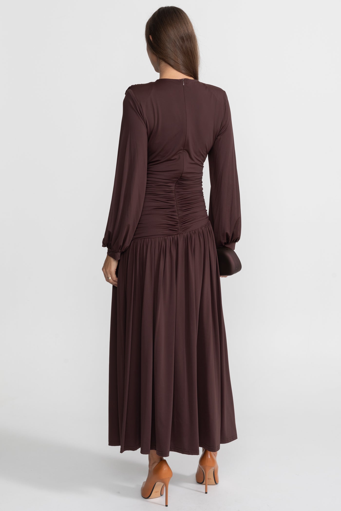 Draped Maxi Dress with Braided Waist Detail - Brown