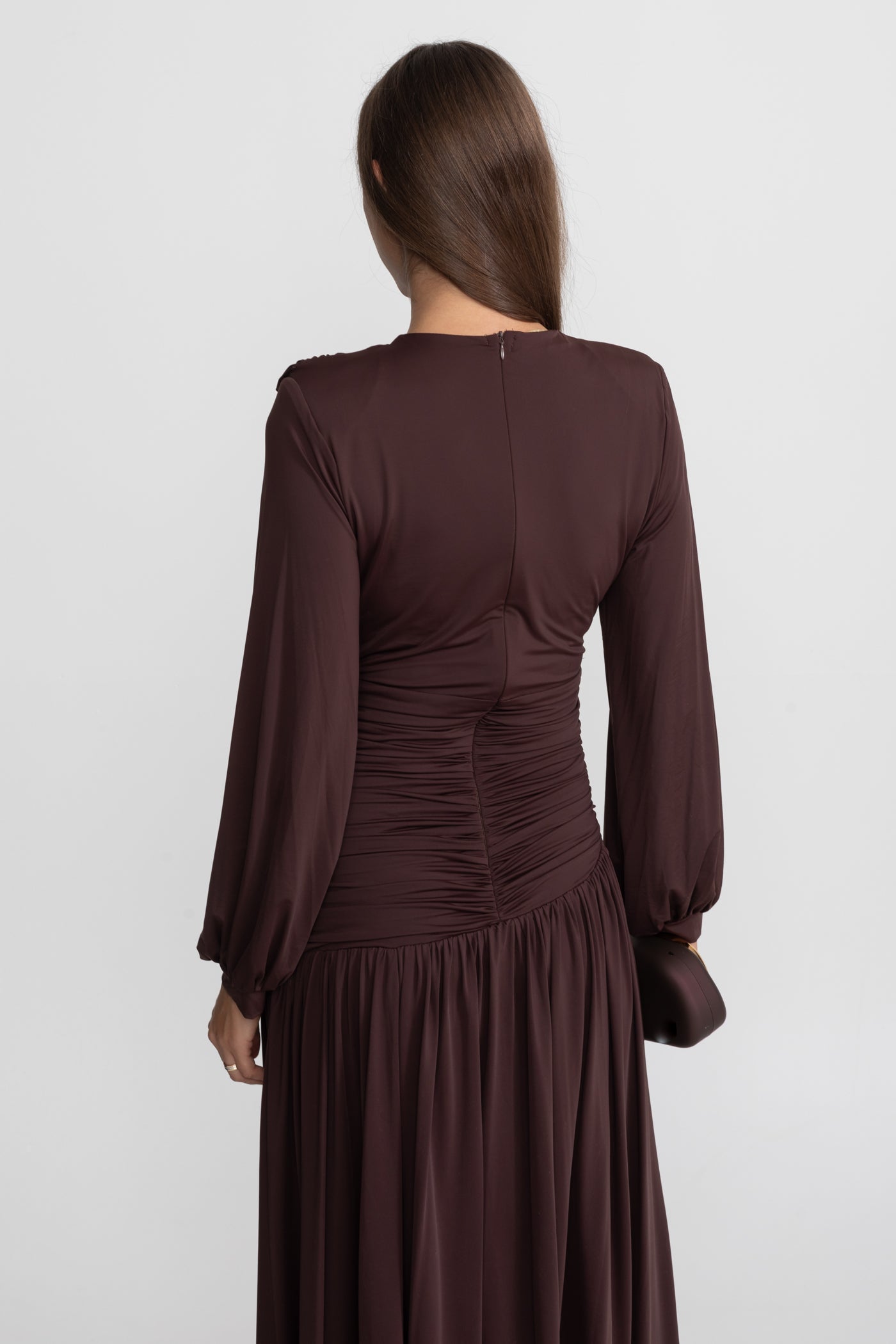 Draped Maxi Dress with Braided Waist Detail - Brown