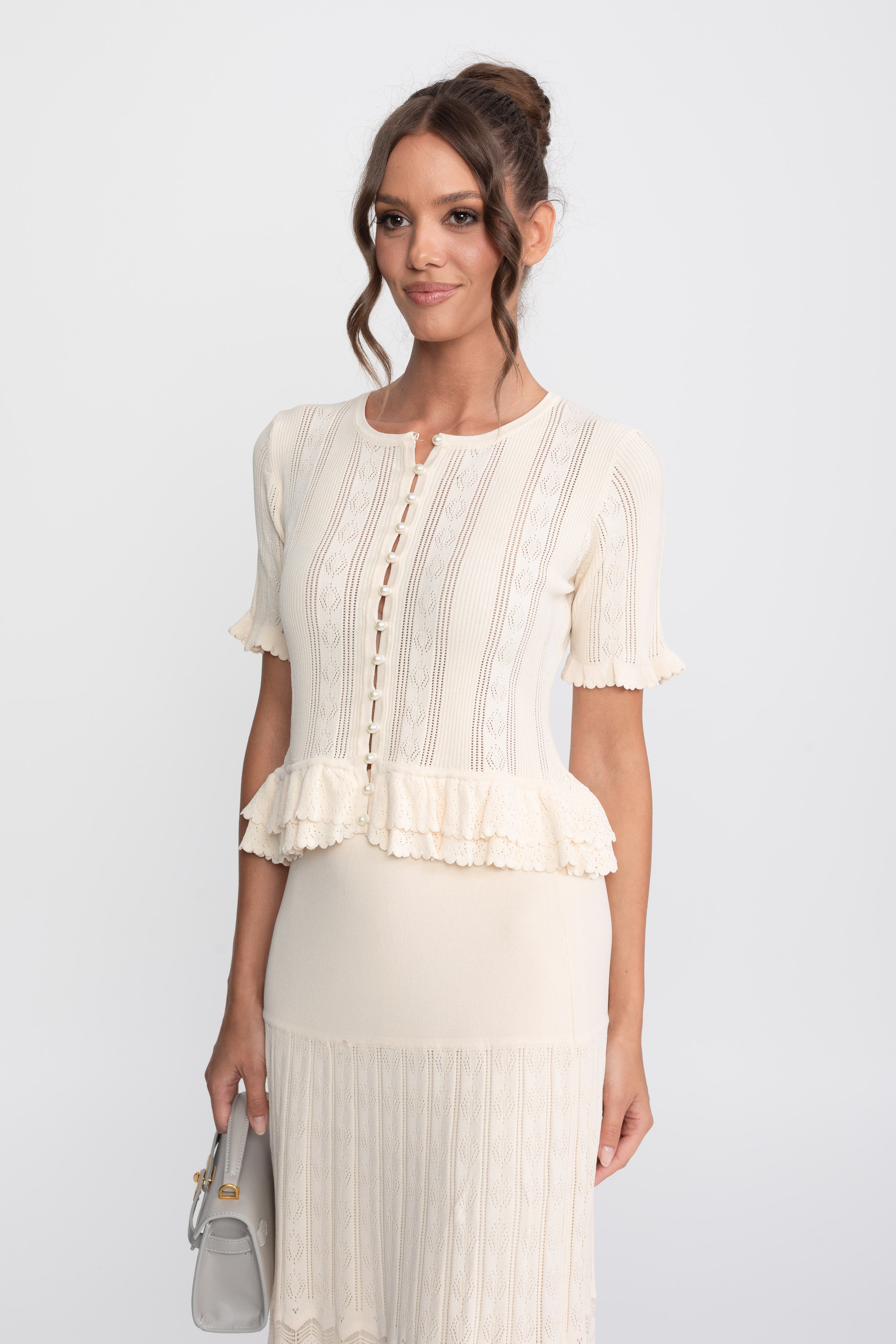 Two-Piece Knit Co-Ord Set With Ruffled Waist - Ivoire