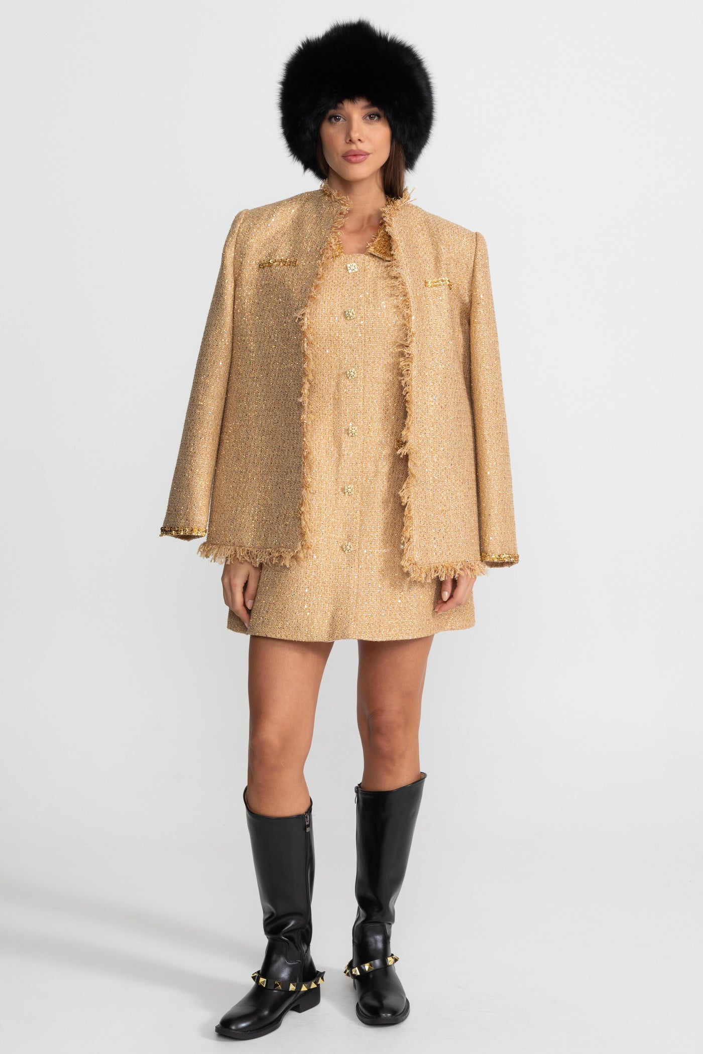 Alia Textured Tweed Overcoat With Intricate Sequin Embellishments And Fringe Trim Accents - Gold