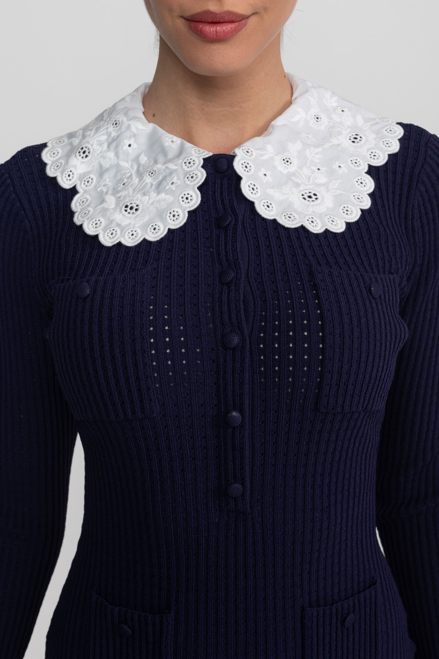 Knit Long Sleeve Mini Dress With Broderie Collar - Navy