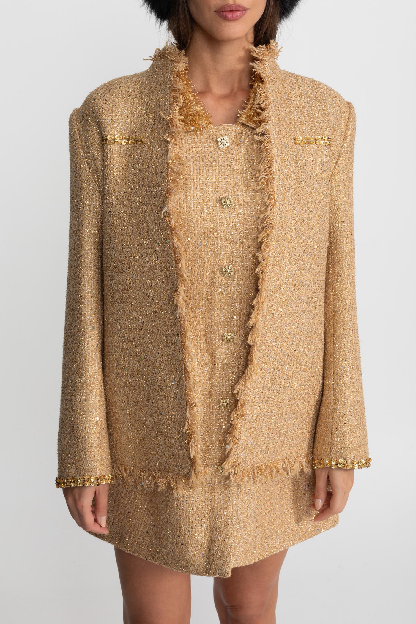 Alia Textured Tweed Overcoat With Intricate Sequin Embellishments And Fringe Trim Accents - Gold