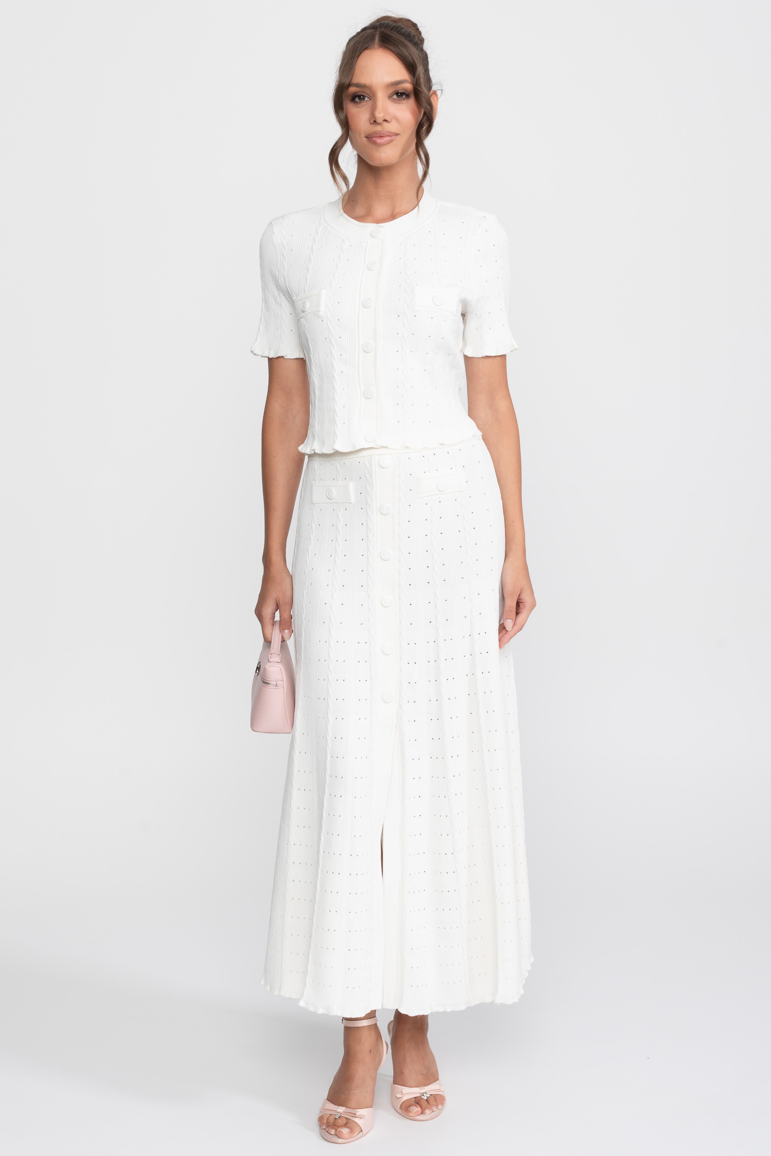 Ribbed Knit Co-Ord Set With Buttoned Front Cardigan And Matching Maxi Skirt - White