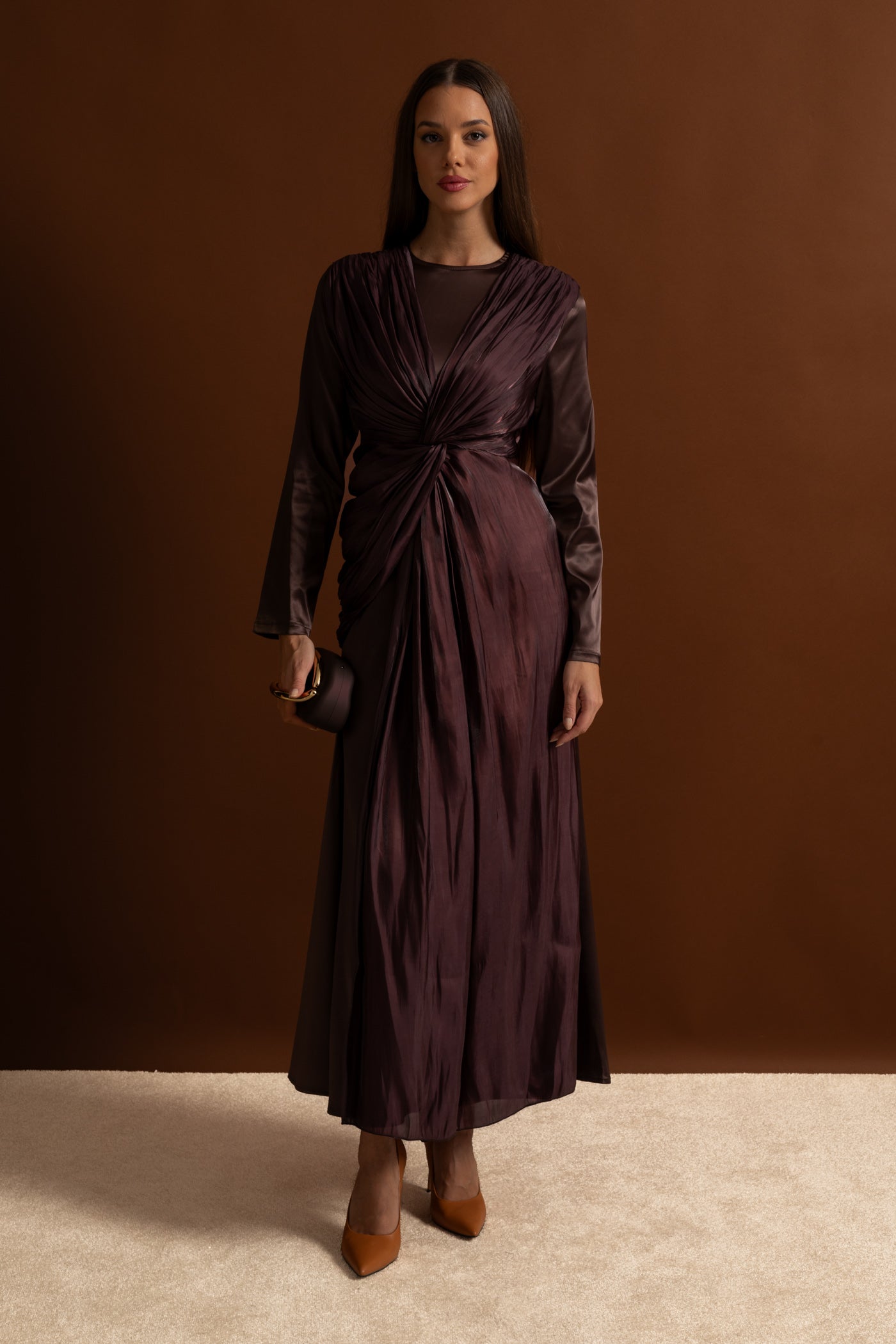 Satin Midi Dress with Draped Overlay and Knot Detail - Brown