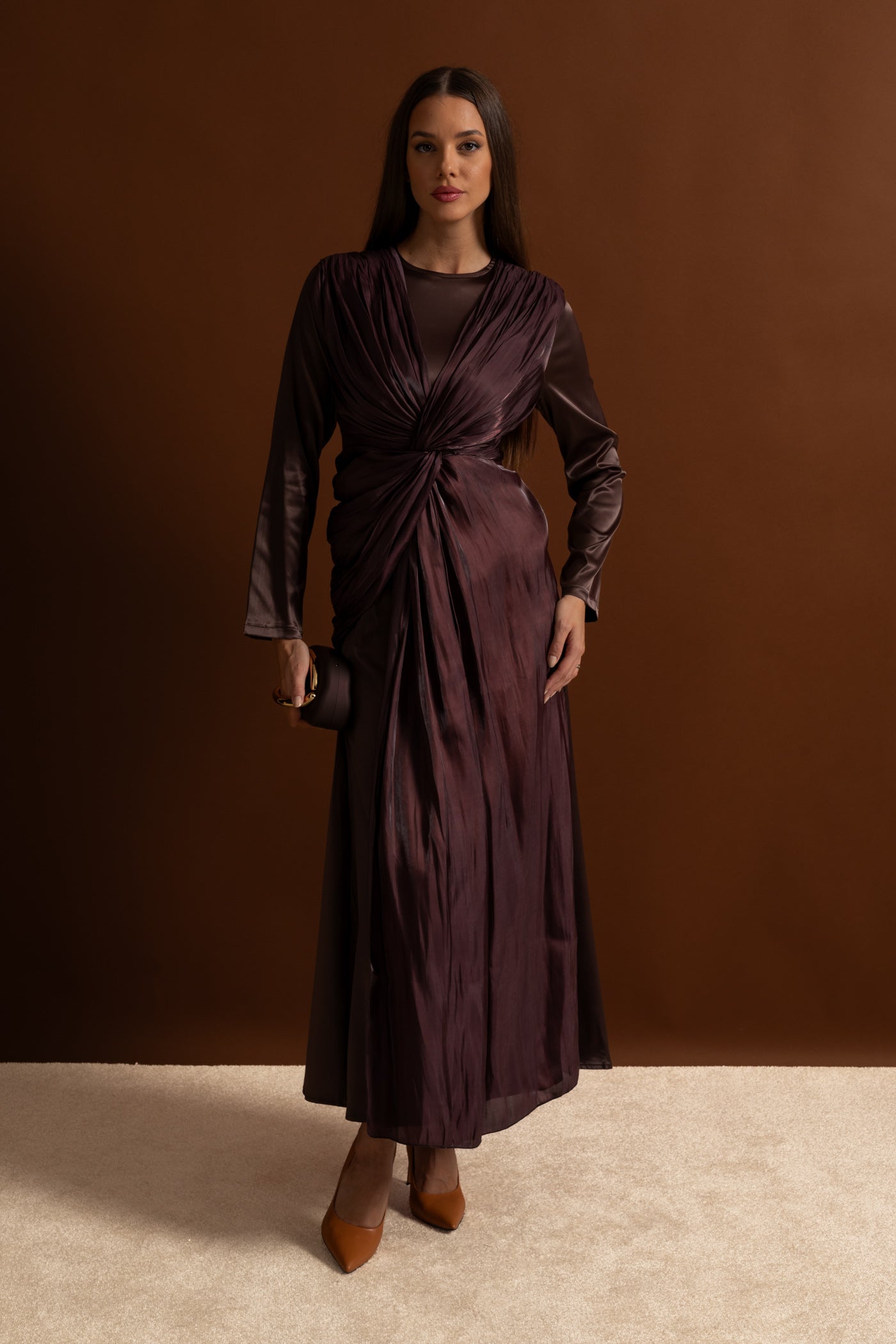 Satin Midi Dress with Draped Overlay and Knot Detail - Brown