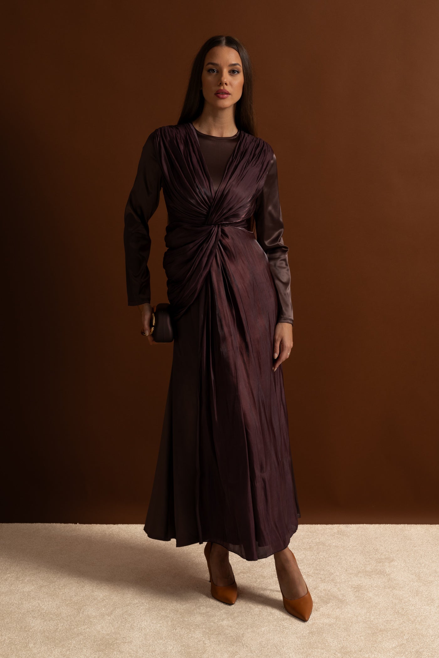 Satin Midi Dress with Draped Overlay and Knot Detail - Brown