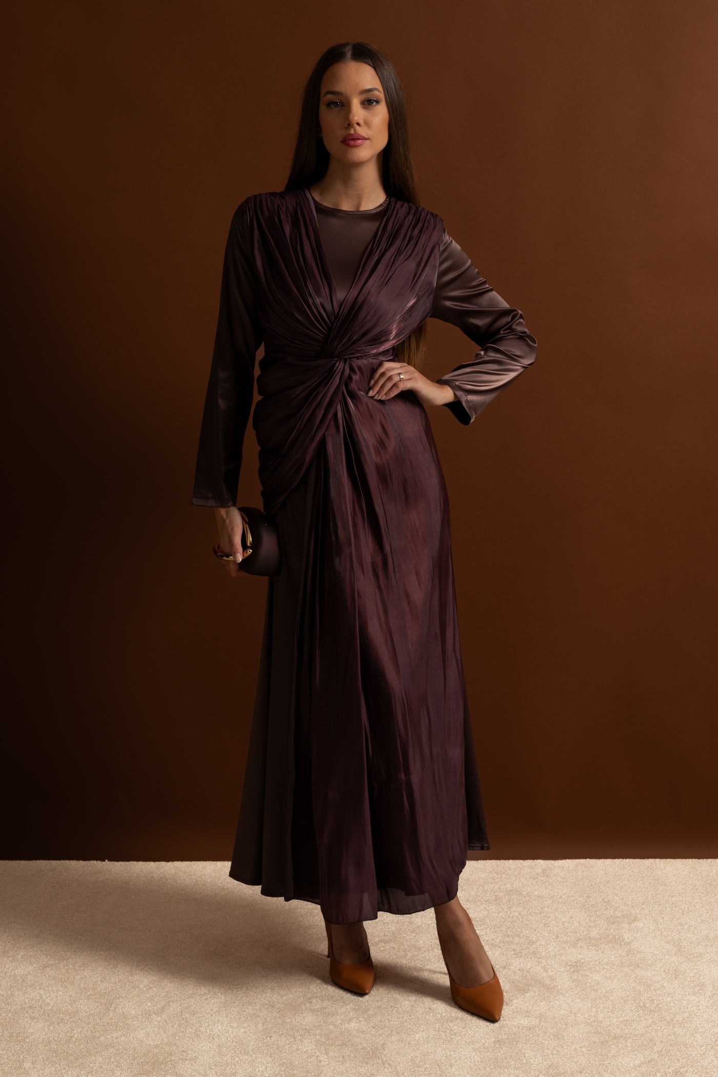 Satin Midi Dress with Draped Overlay and Knot Detail - Brown