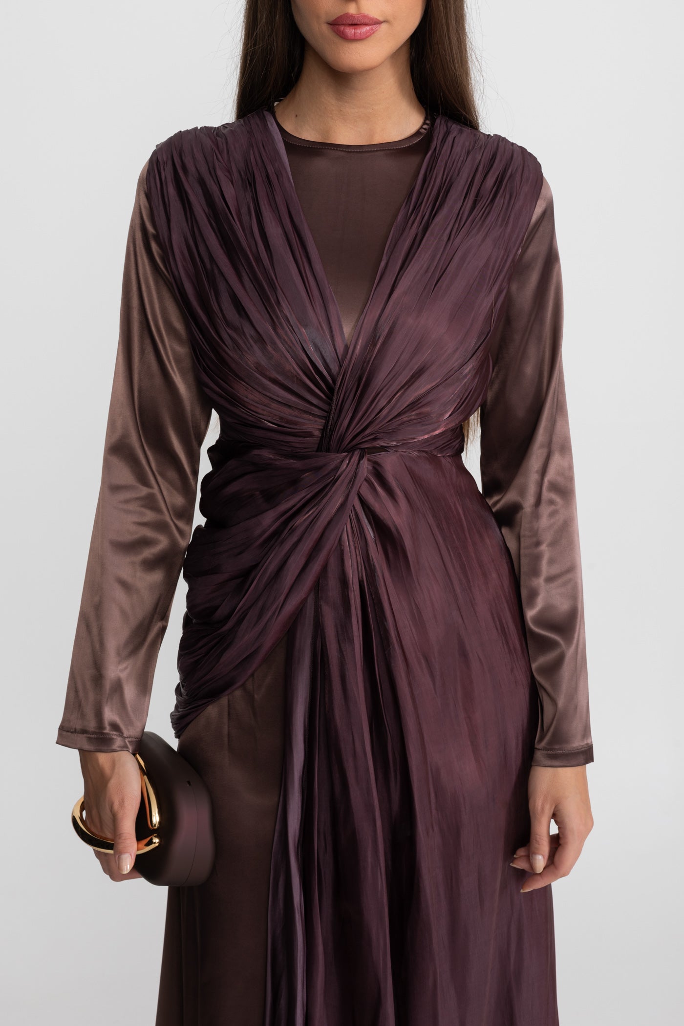 Satin Midi Dress with Draped Overlay and Knot Detail - Brown
