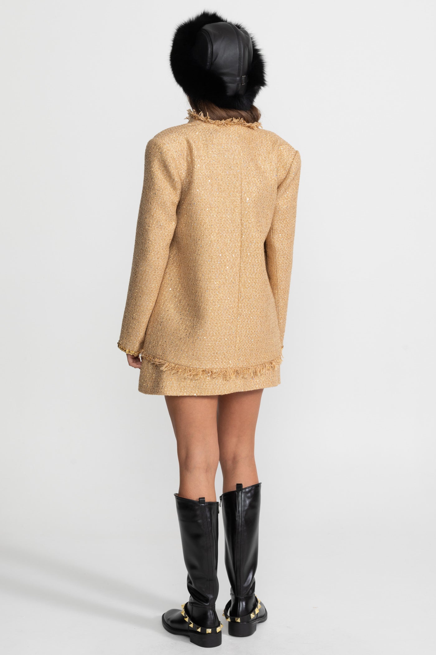 Alia Textured Tweed Overcoat With Intricate Sequin Embellishments And Fringe Trim Accents - Gold
