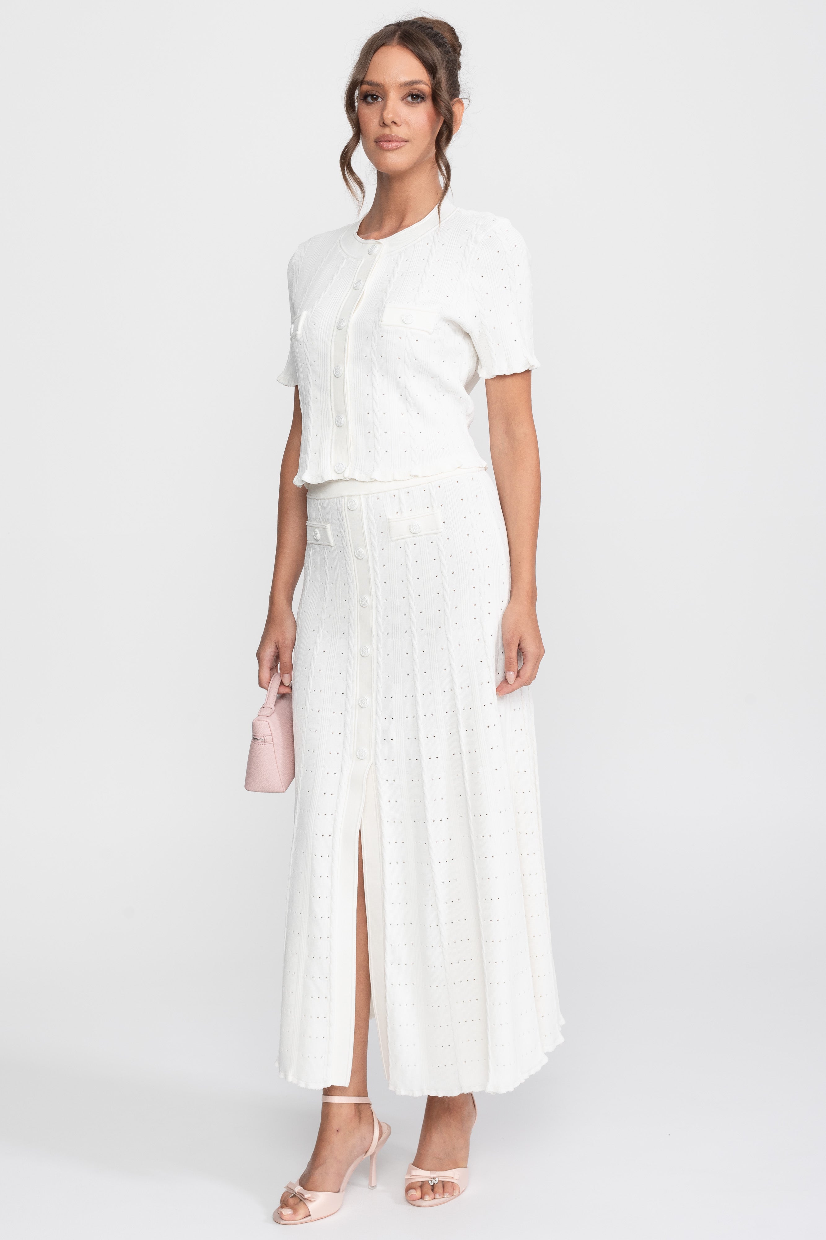 Ribbed Knit Co-Ord Set With Buttoned Front Cardigan And Matching Maxi Skirt - White