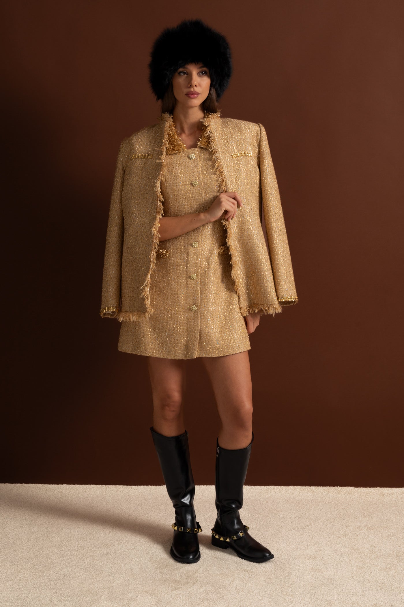 Alia Textured Tweed Overcoat With Intricate Sequin Embellishments And Fringe Trim Accents - Gold