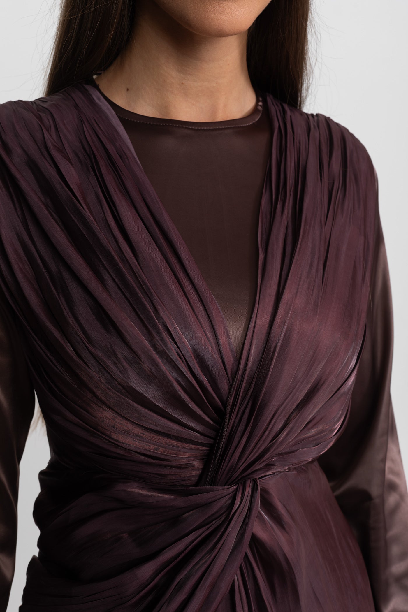 Satin Midi Dress with Draped Overlay and Knot Detail - Brown