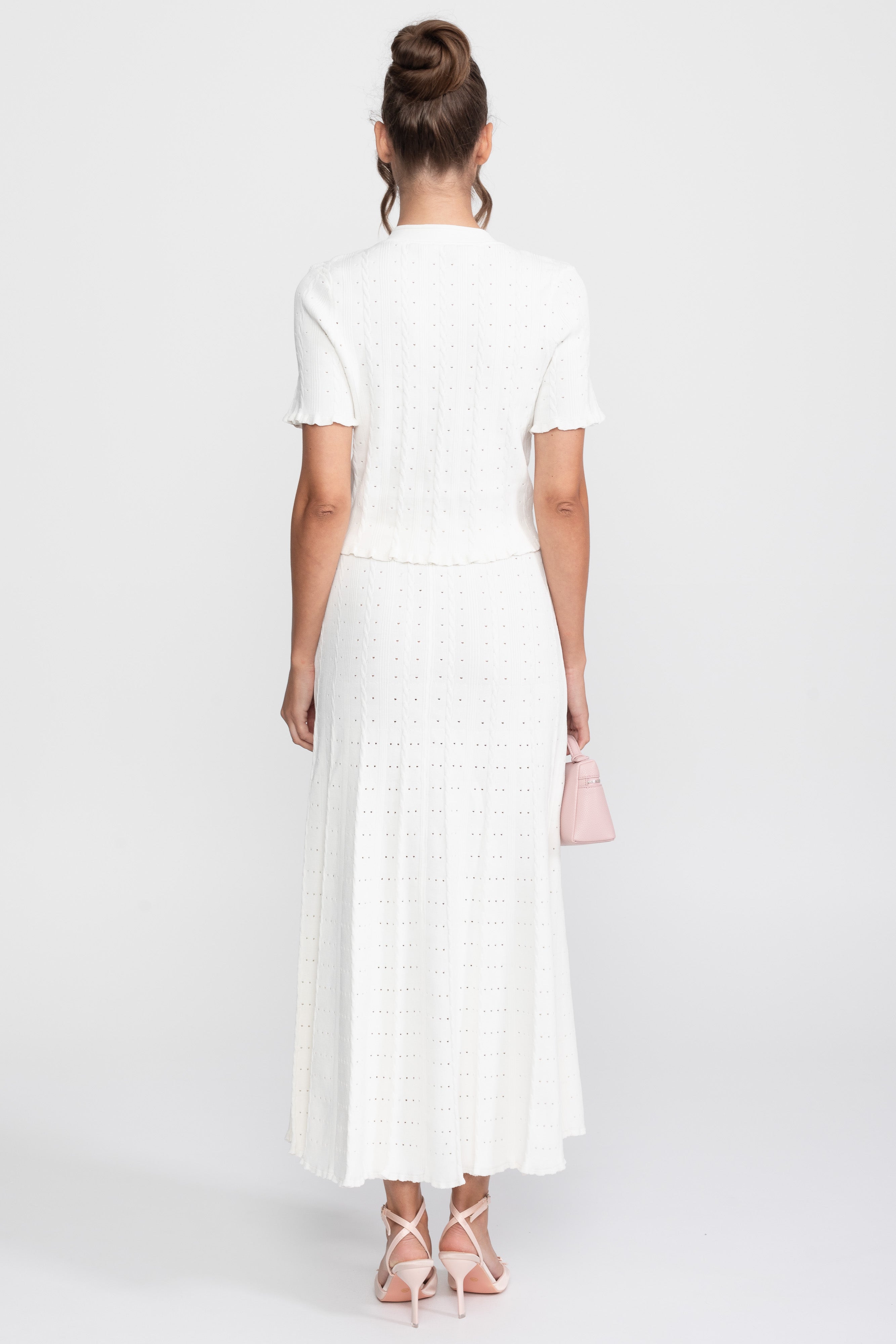 Ribbed Knit Co-Ord Set With Buttoned Front Cardigan And Matching Maxi Skirt - White