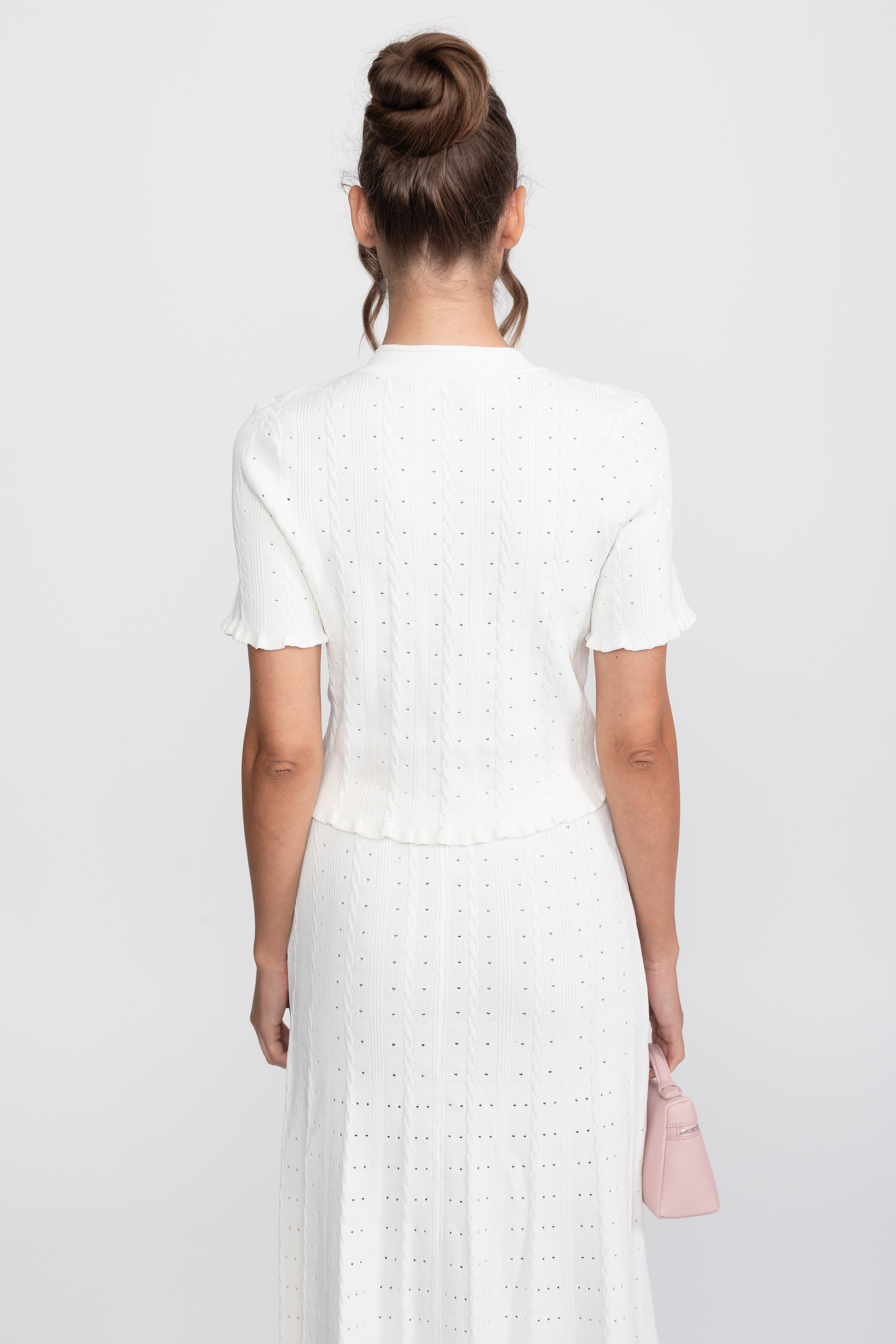 Ribbed Knit Co-Ord Set With Buttoned Front Cardigan And Matching Maxi Skirt - White