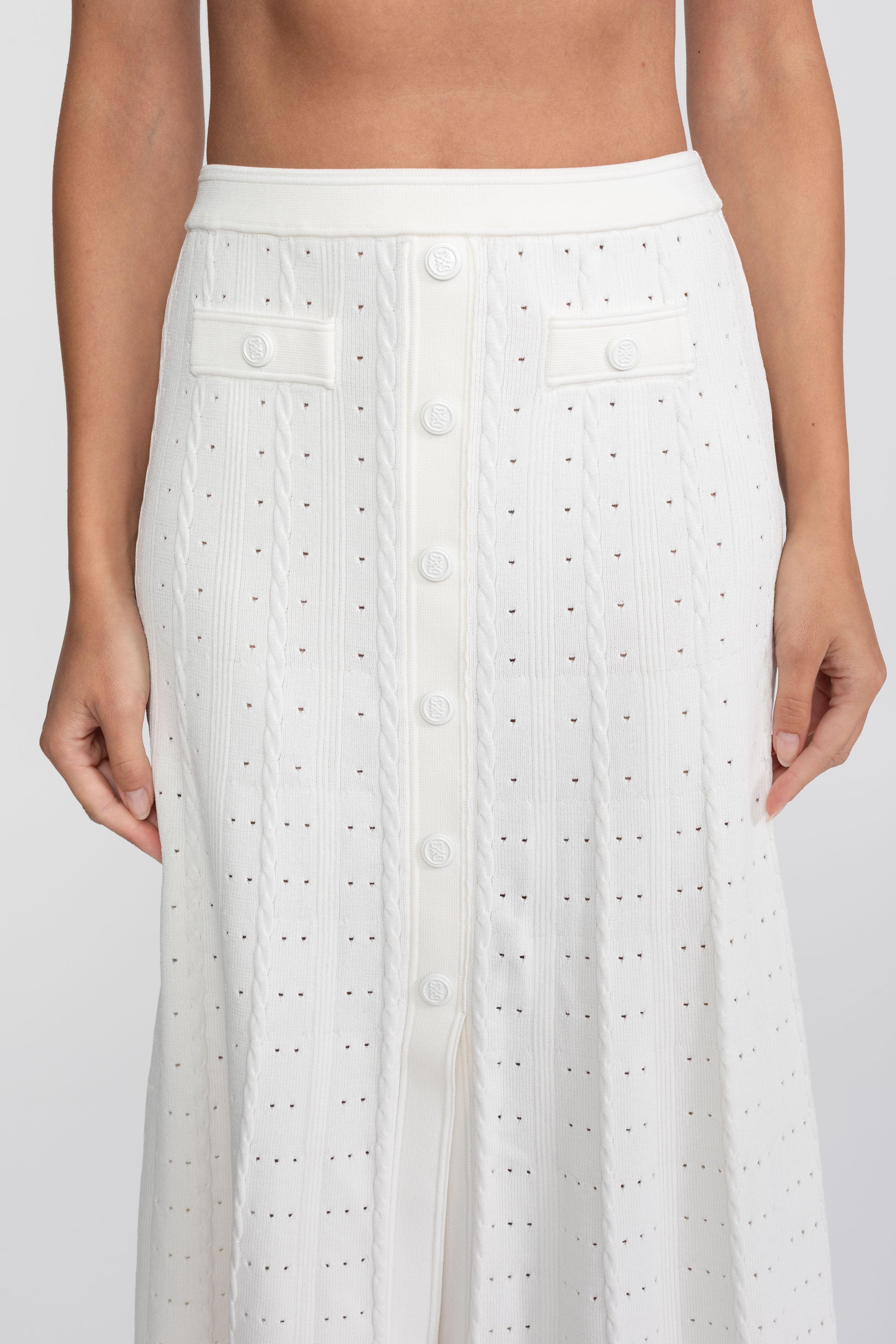 Ribbed Knit Co-Ord Set With Buttoned Front Cardigan And Matching Maxi Skirt - White