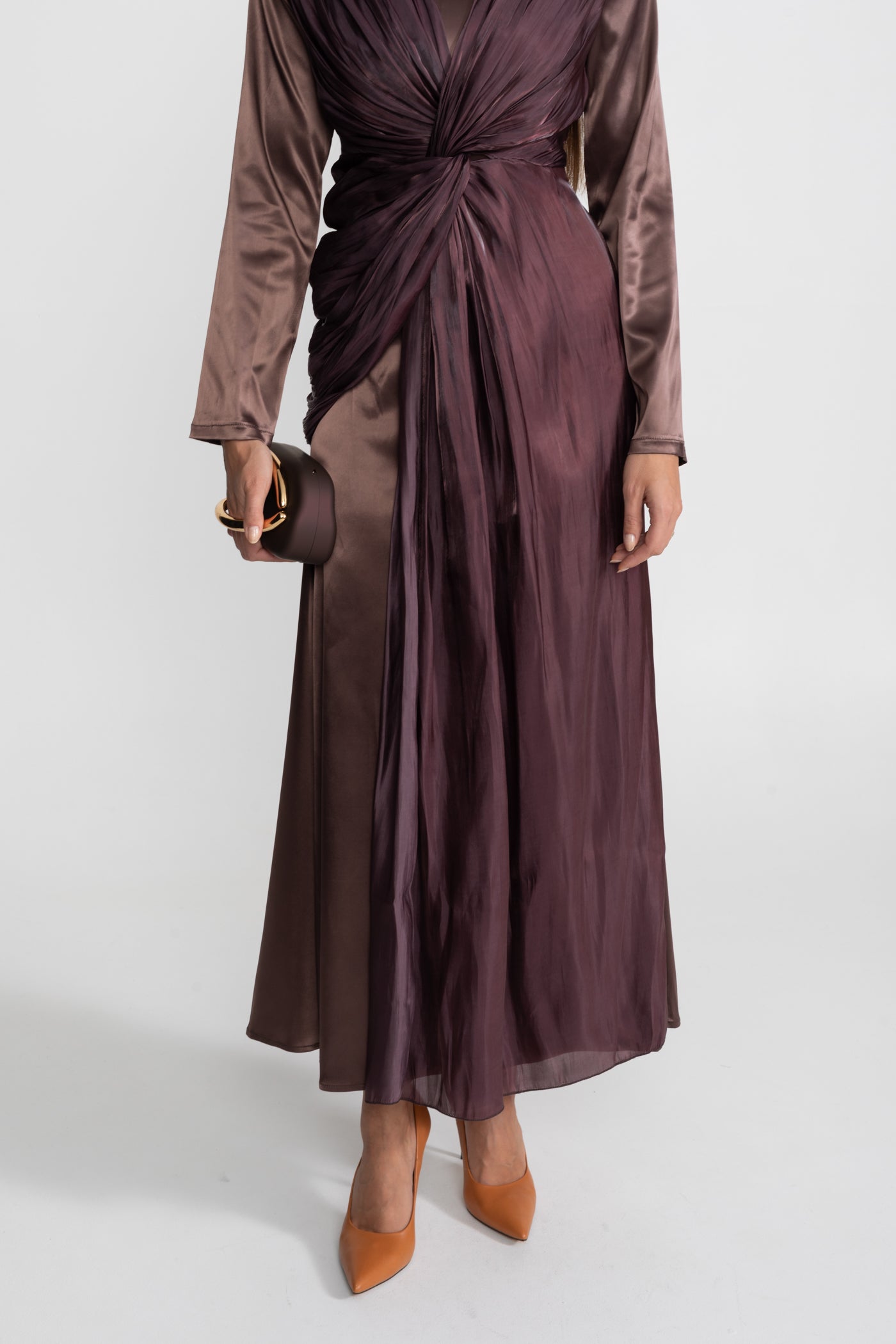 Satin Midi Dress with Draped Overlay and Knot Detail - Brown
