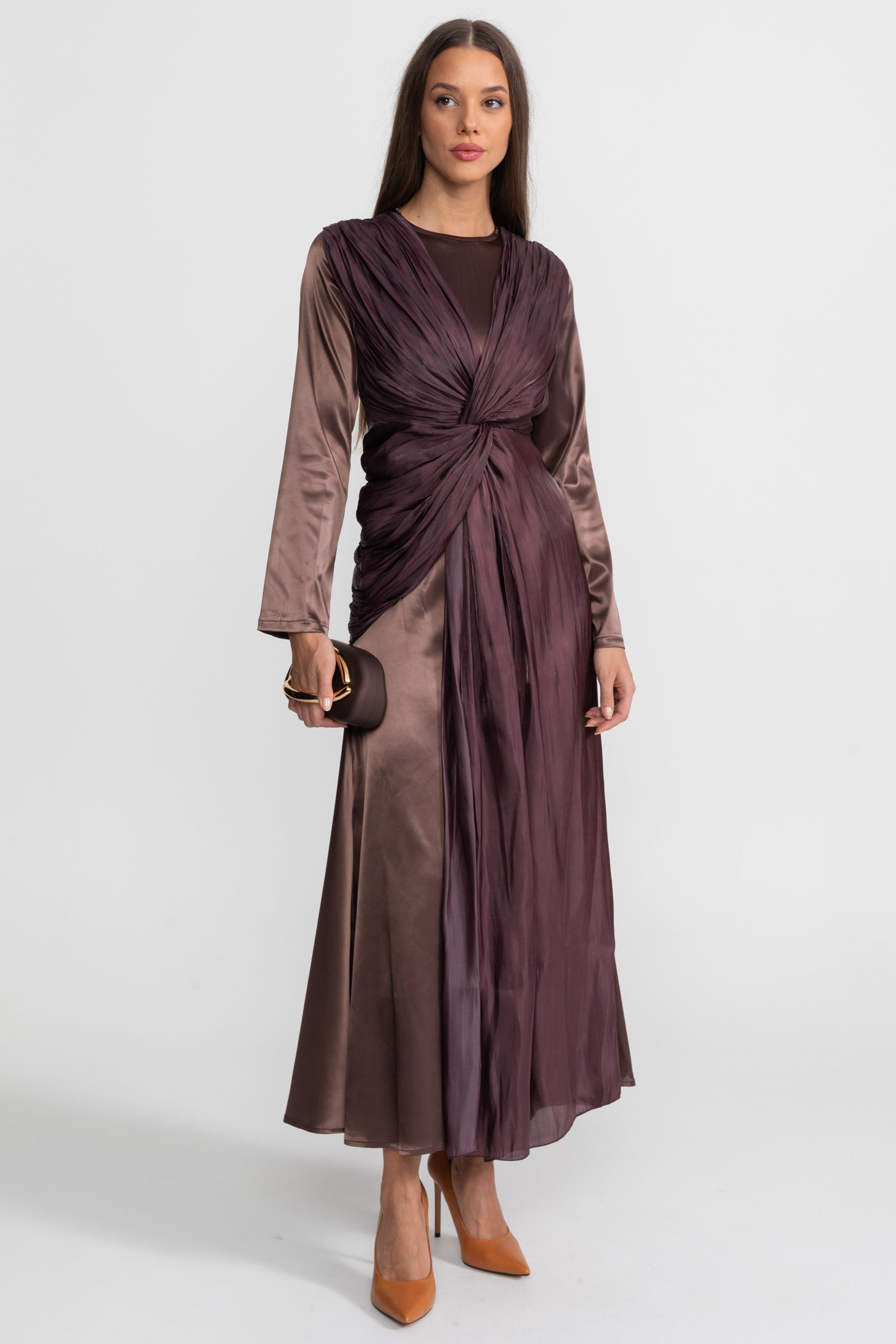 Satin Midi Dress with Draped Overlay and Knot Detail - Brown