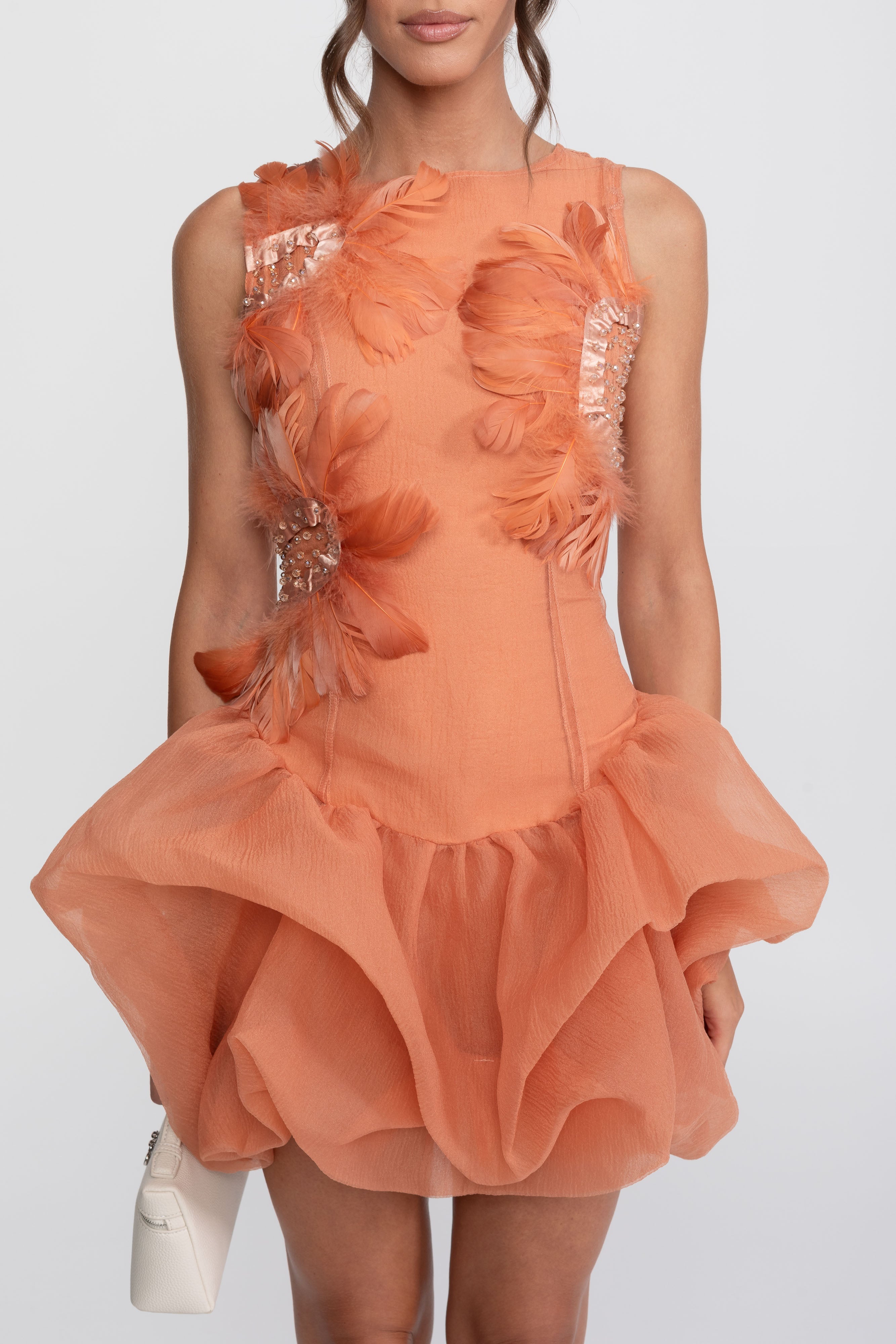 3D Feather Applique Peplum Mini Dress With Crystal Beads - Orange