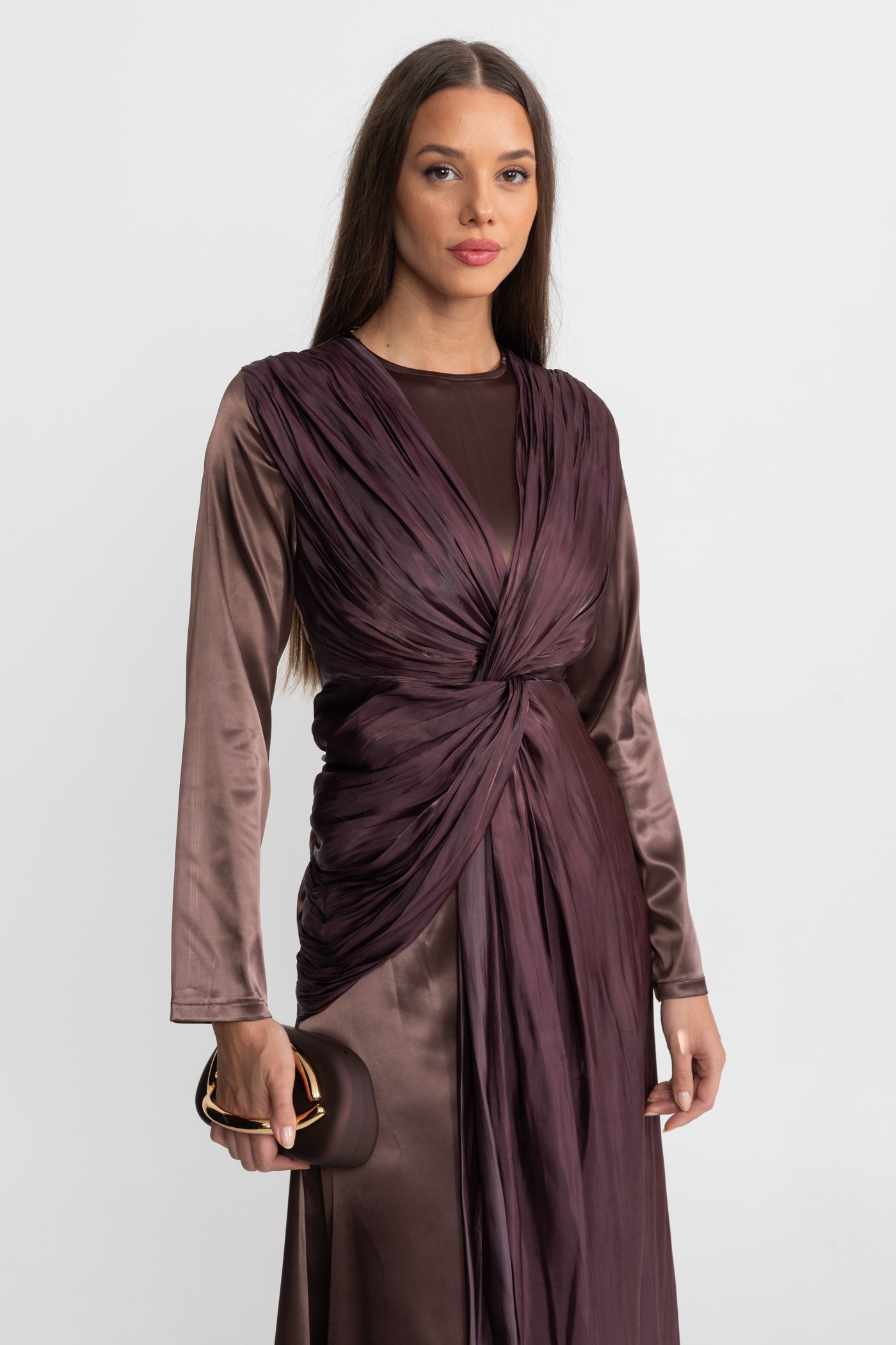 Satin Midi Dress with Draped Overlay and Knot Detail - Brown