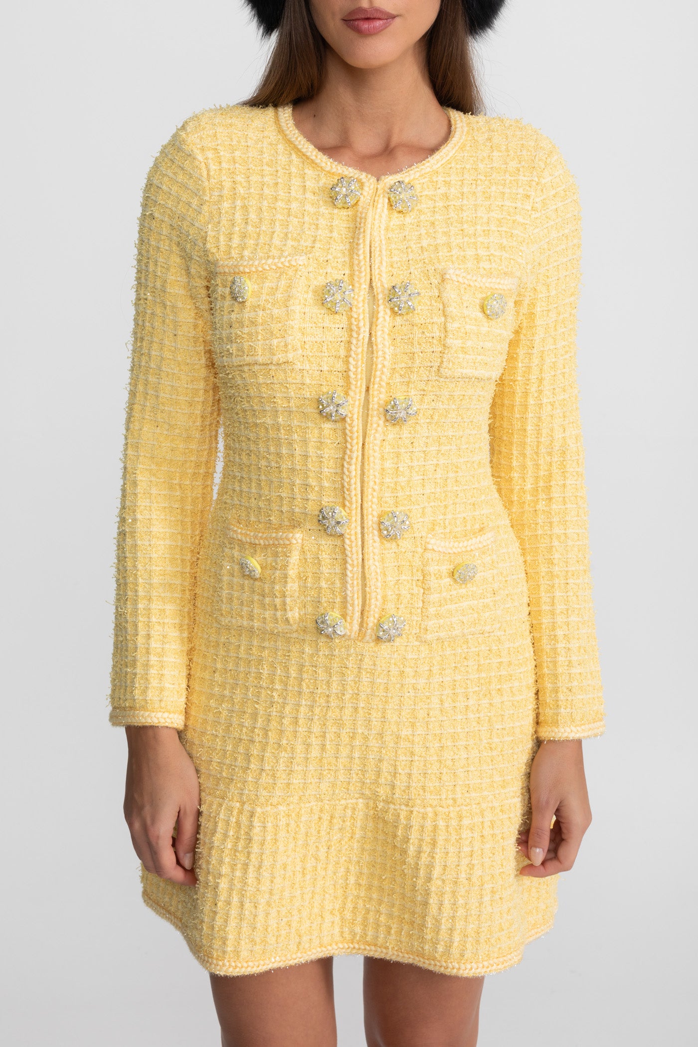Embellished Tweed Mini Dress With Jewel Buttons – Yellow