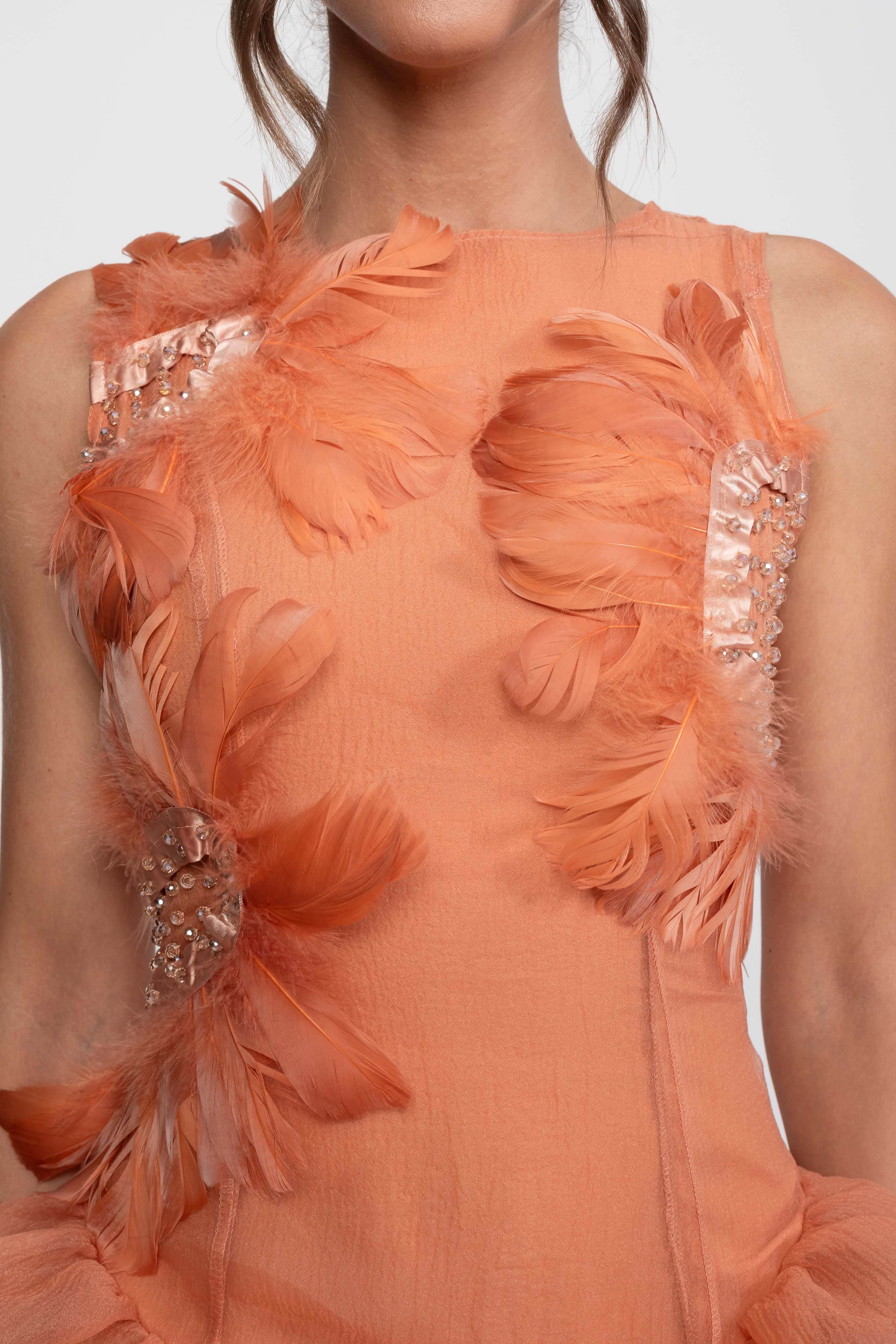 3D Feather Applique Peplum Mini Dress With Crystal Beads - Orange