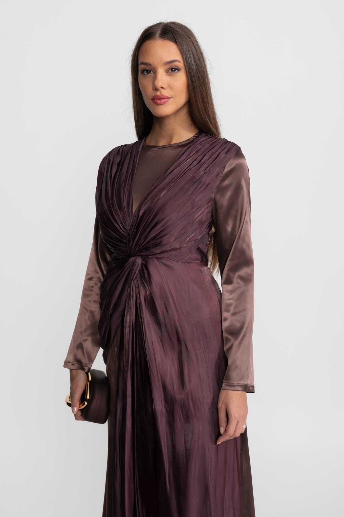 Satin Midi Dress with Draped Overlay and Knot Detail - Brown