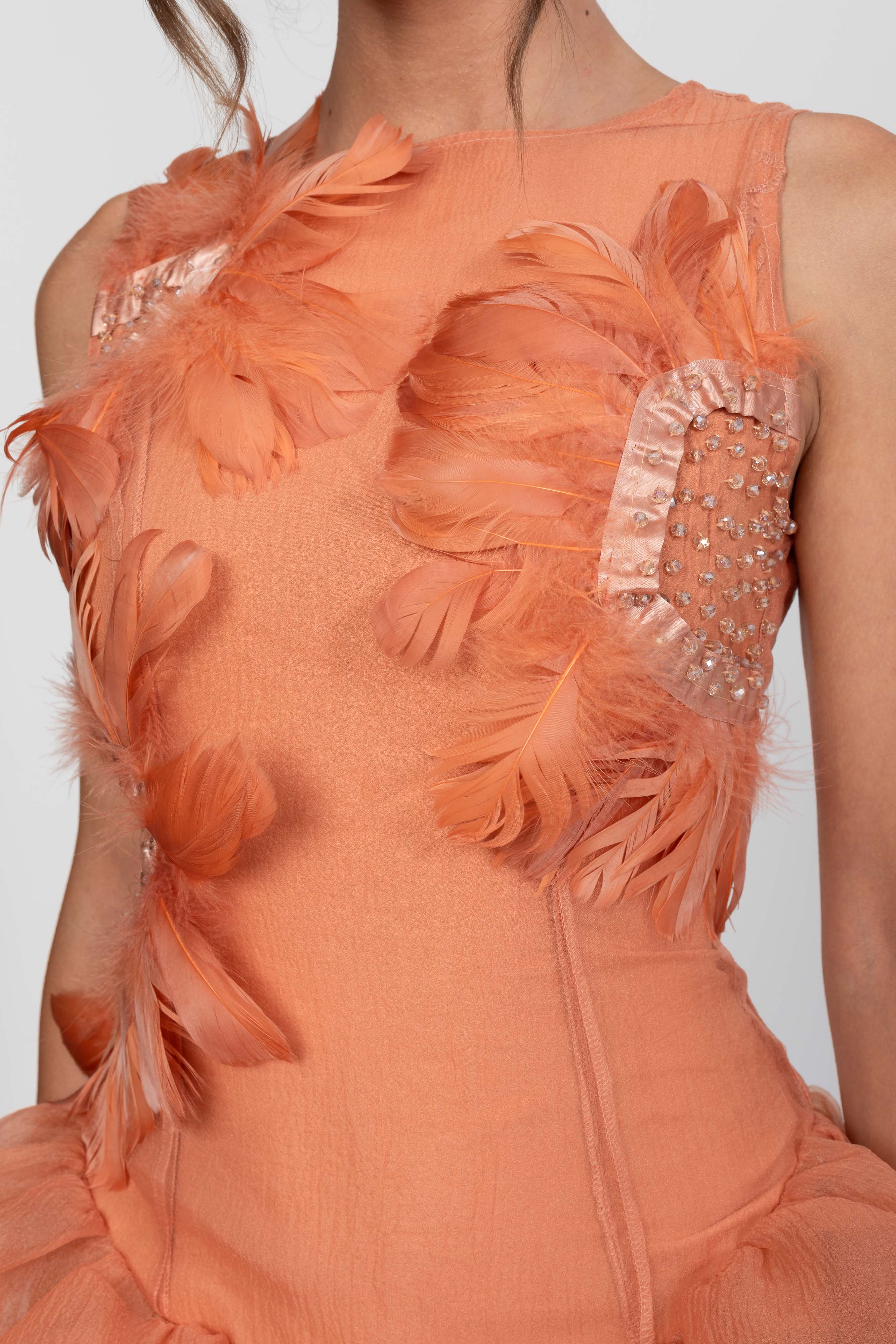 3D Feather Applique Peplum Mini Dress With Crystal Beads - Orange