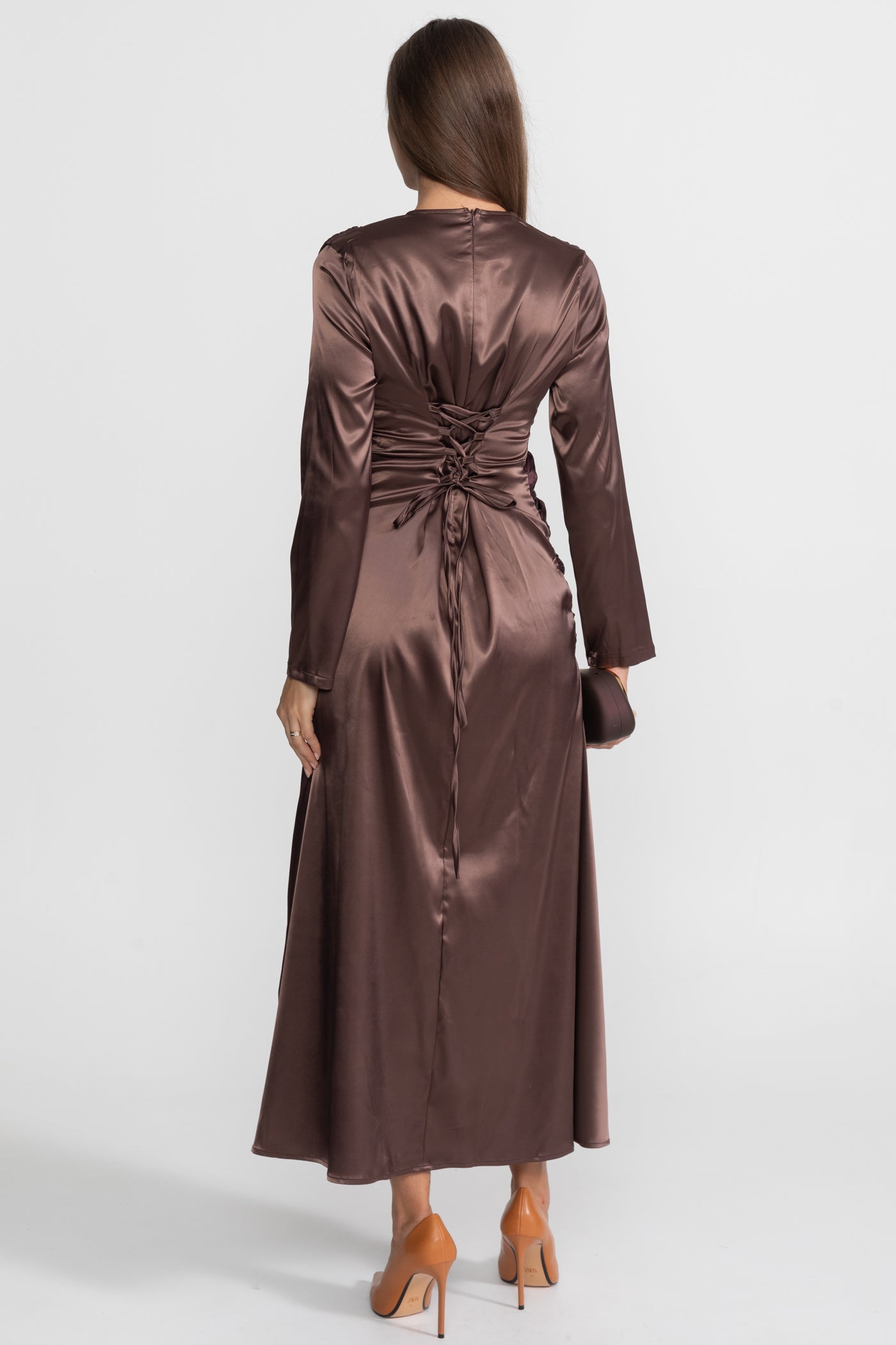 Satin Midi Dress with Draped Overlay and Knot Detail - Brown