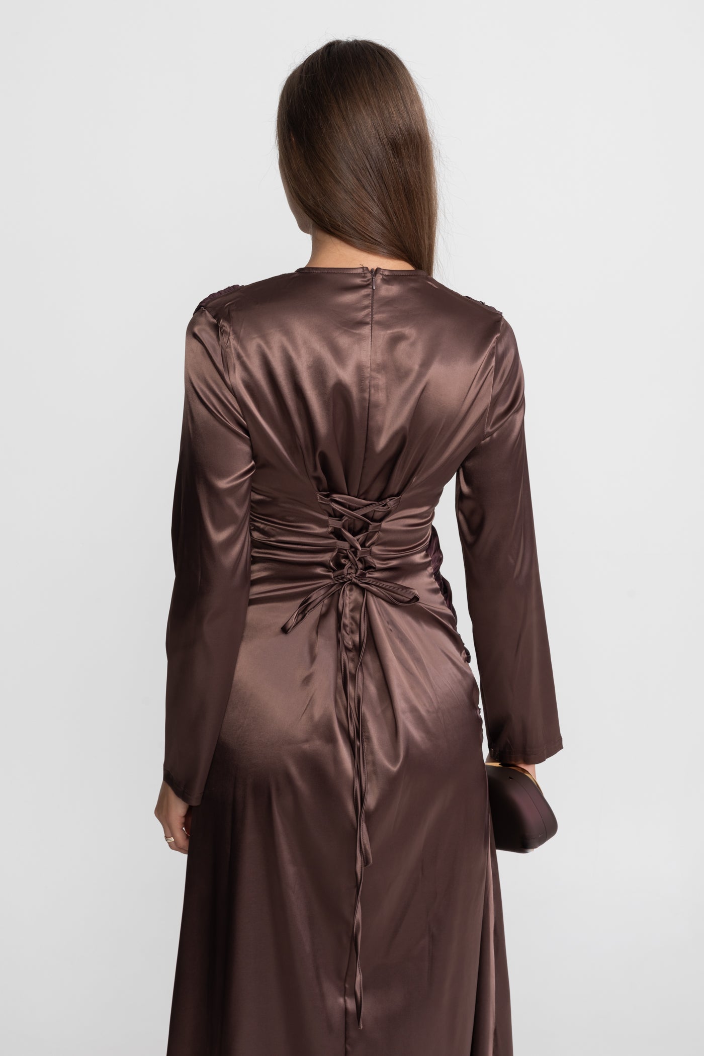 Satin Midi Dress with Draped Overlay and Knot Detail - Brown