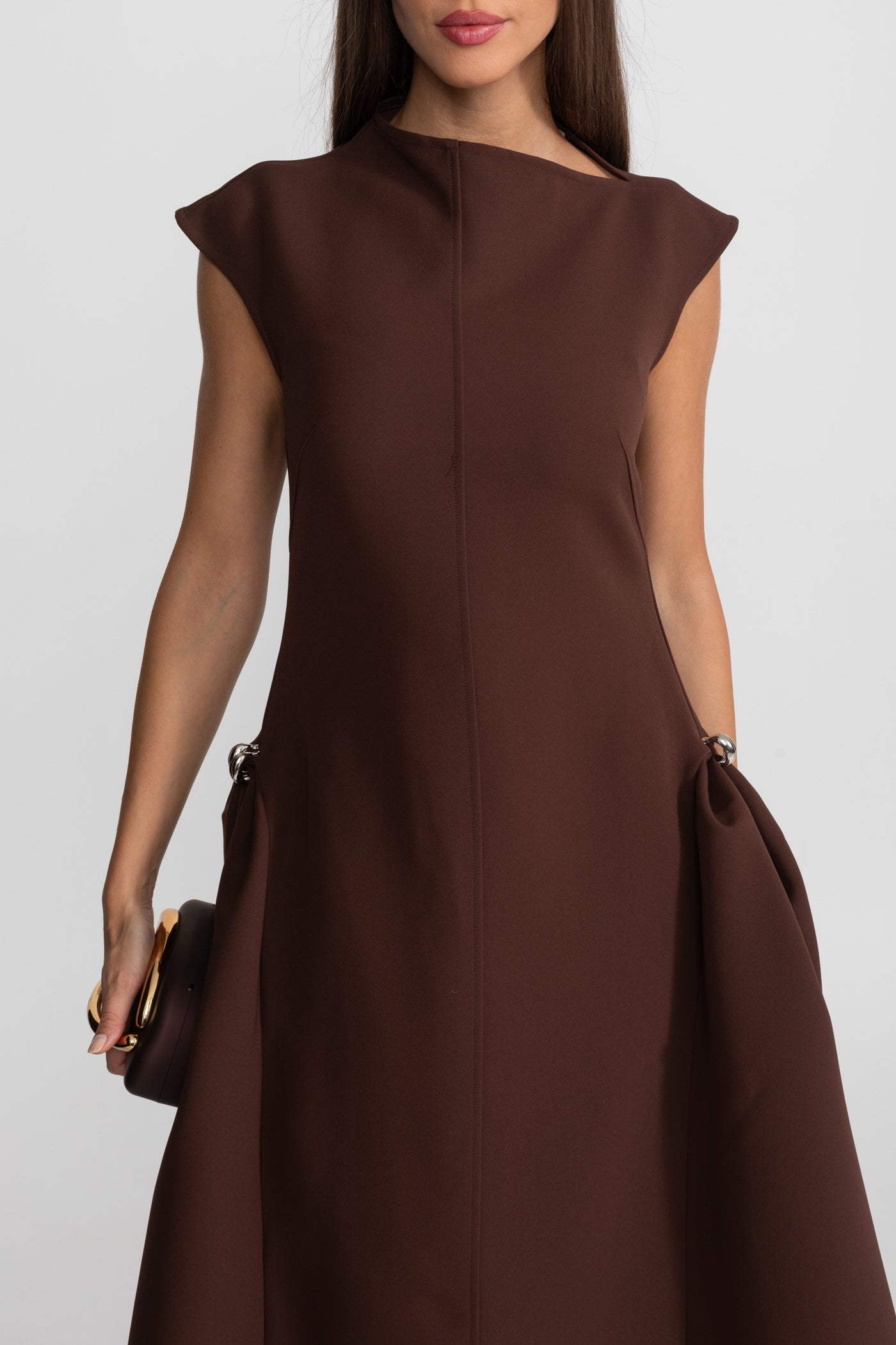 Structured Midi Dress with High-Low Hem and Metal Ring Details - Brown