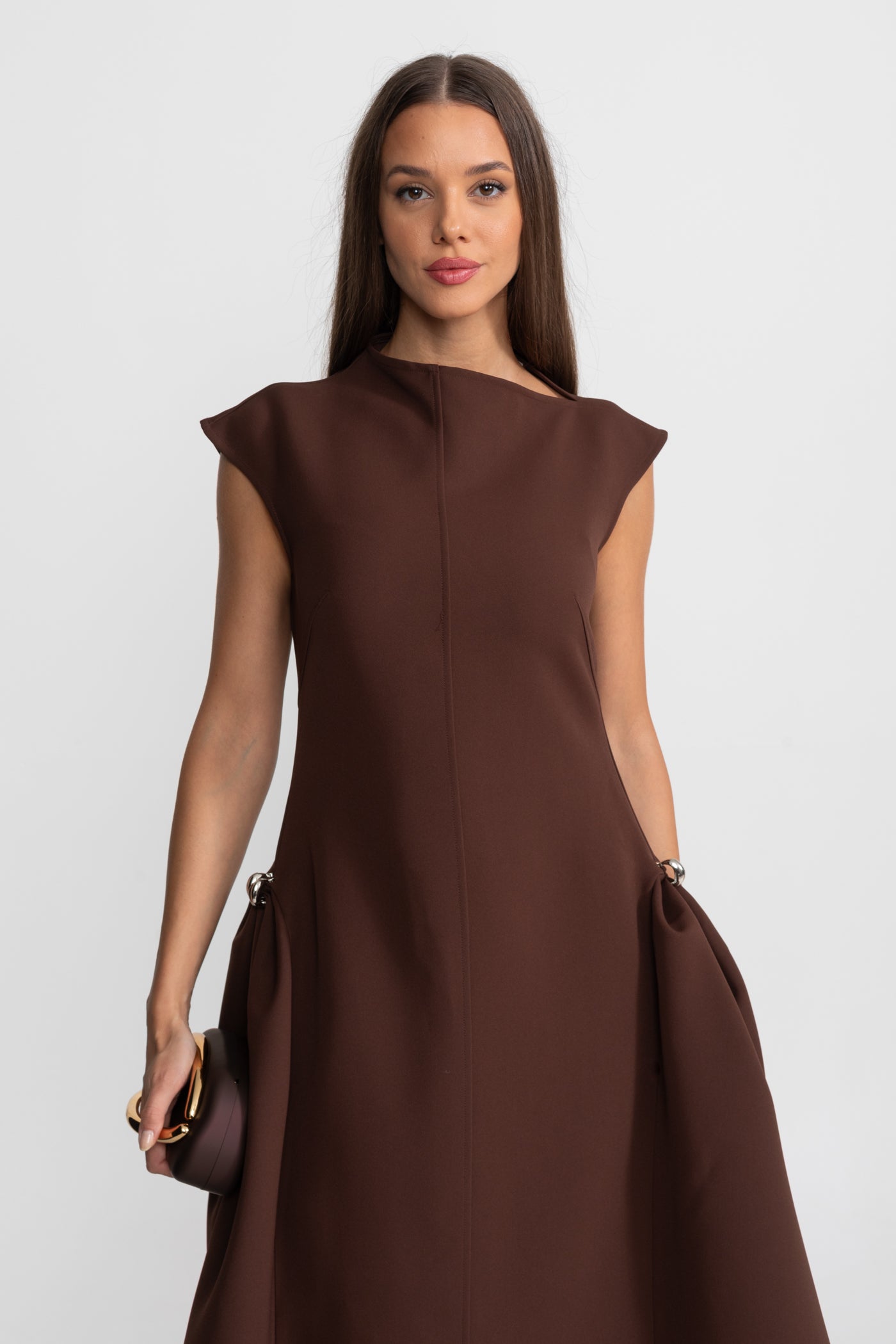 Structured Midi Dress with High-Low Hem and Metal Ring Details - Brown
