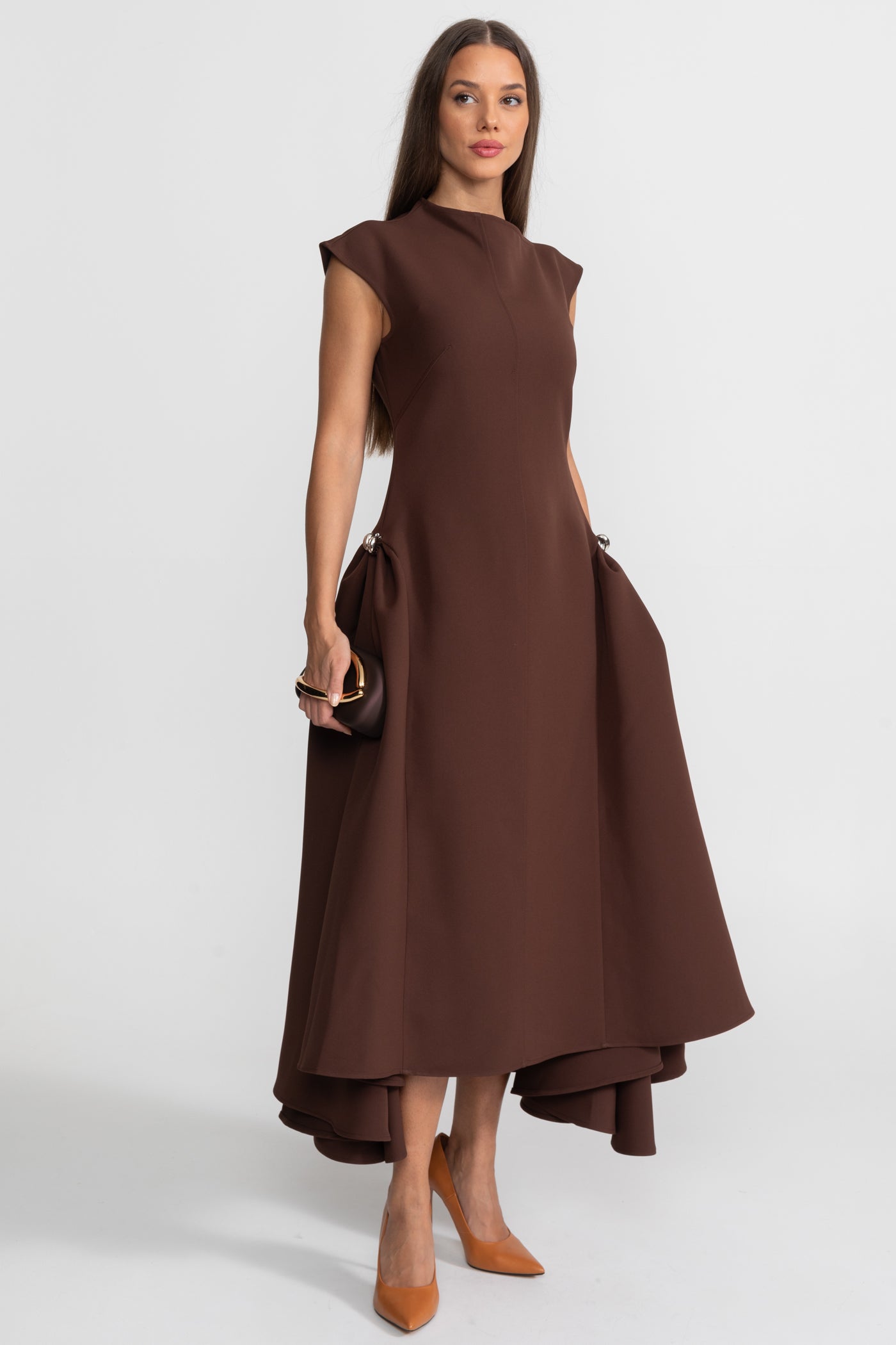 Structured Midi Dress with High-Low Hem and Metal Ring Details - Brown