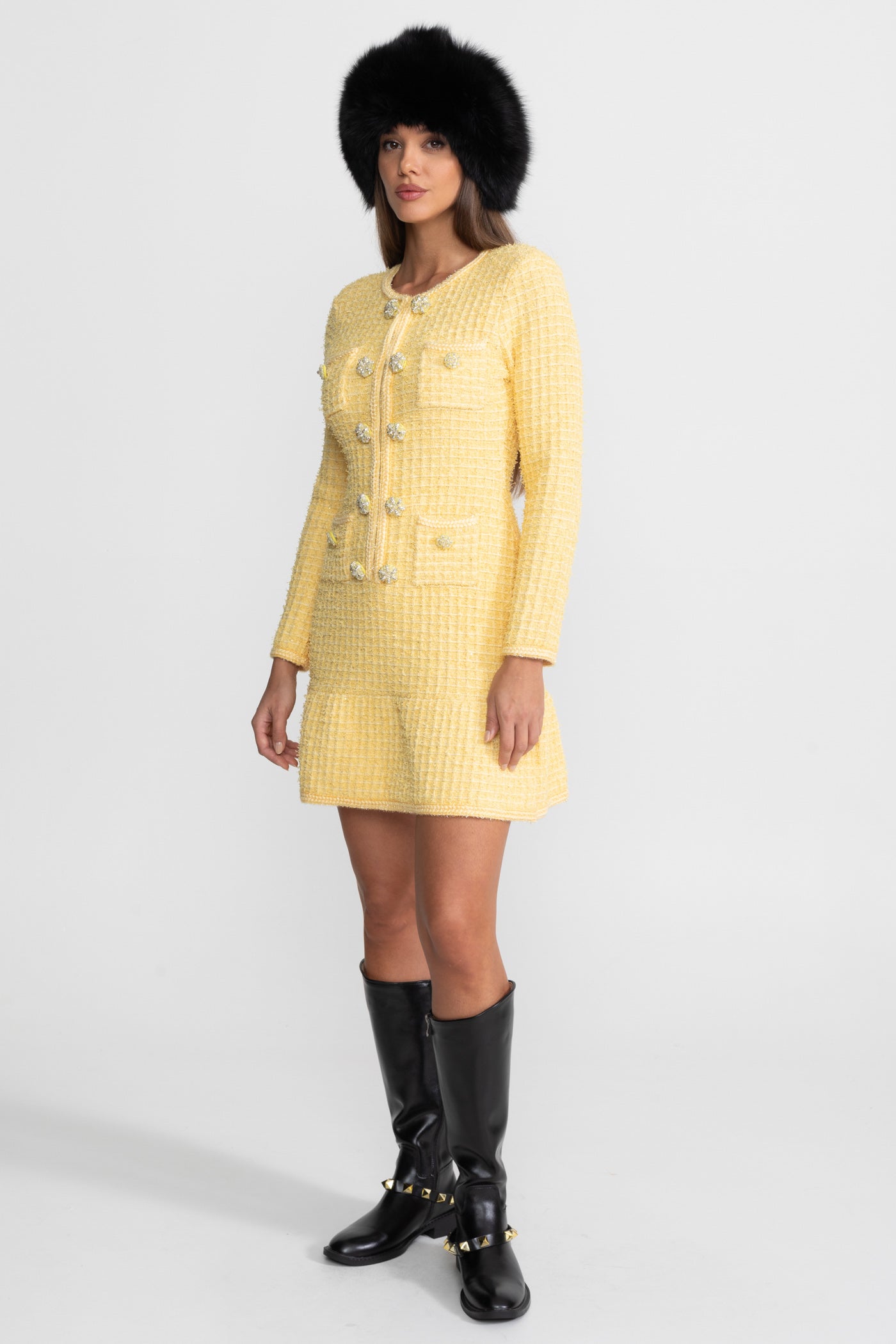 Embellished Tweed Mini Dress With Jewel Buttons – Yellow