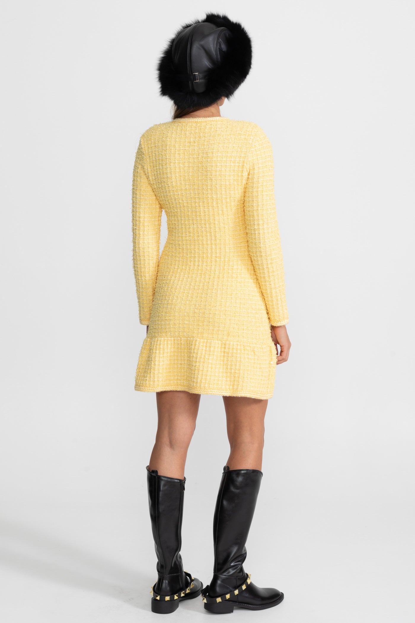 Embellished Tweed Mini Dress With Jewel Buttons – Yellow