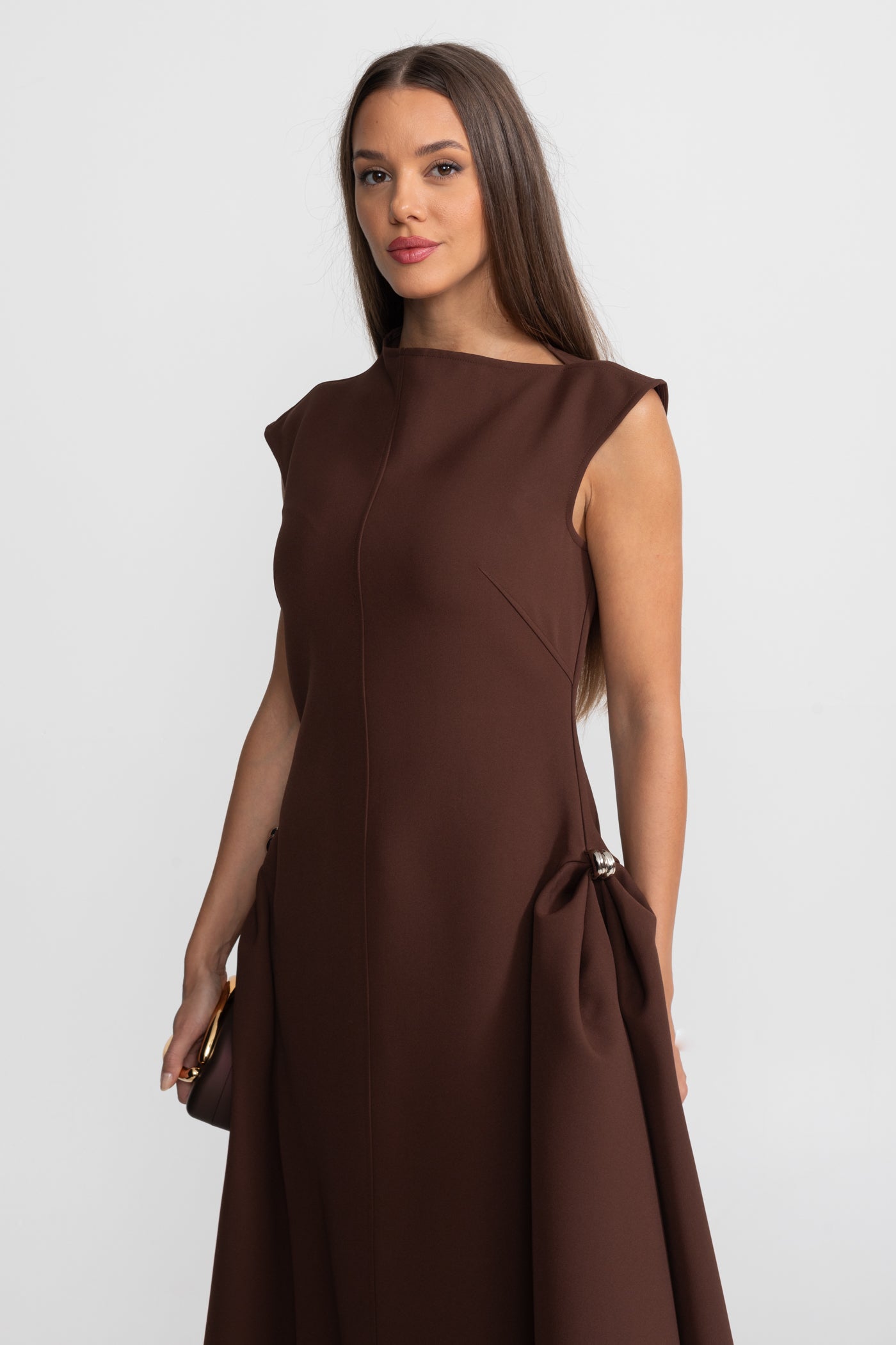 Structured Midi Dress with High-Low Hem and Metal Ring Details - Brown
