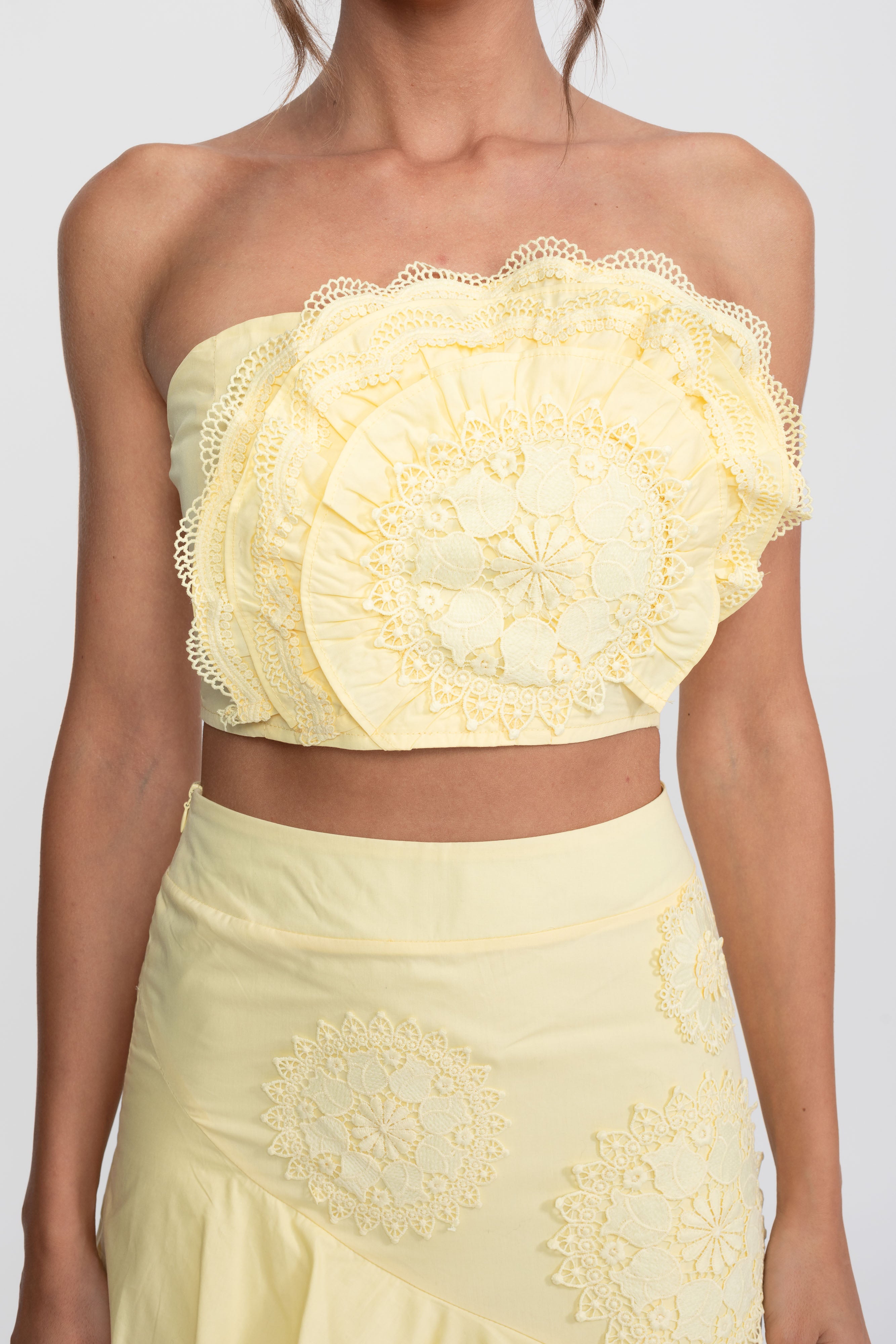 Crochet Medallion Two-Piece Set With Ruffled Maxi Skirt - Yellow