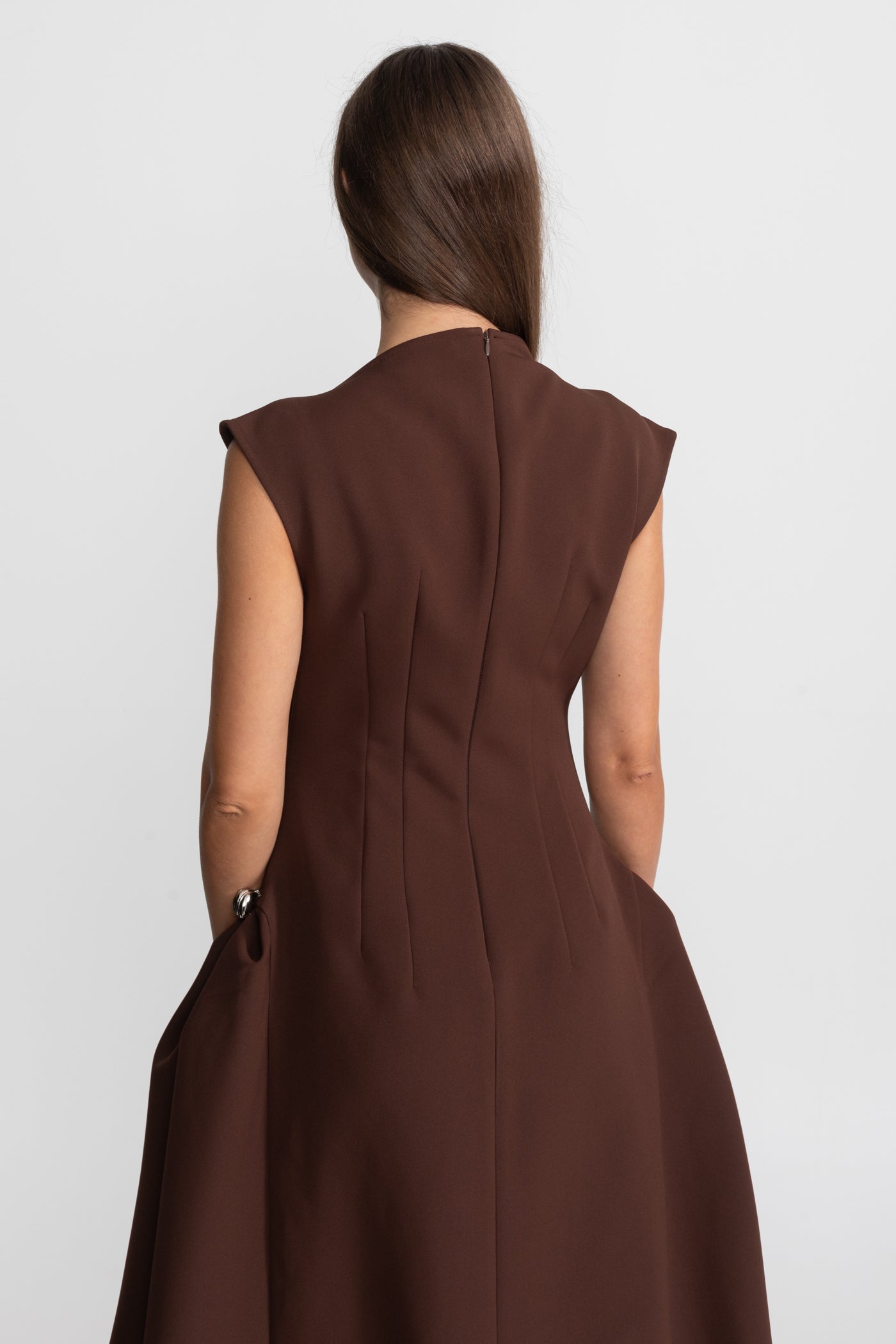 Structured Midi Dress with High-Low Hem and Metal Ring Details - Brown