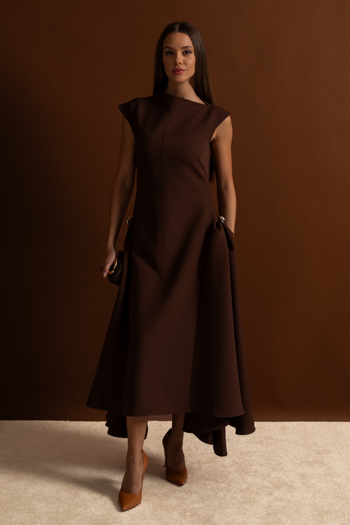 Structured Midi Dress with High-Low Hem and Metal Ring Details - Brown