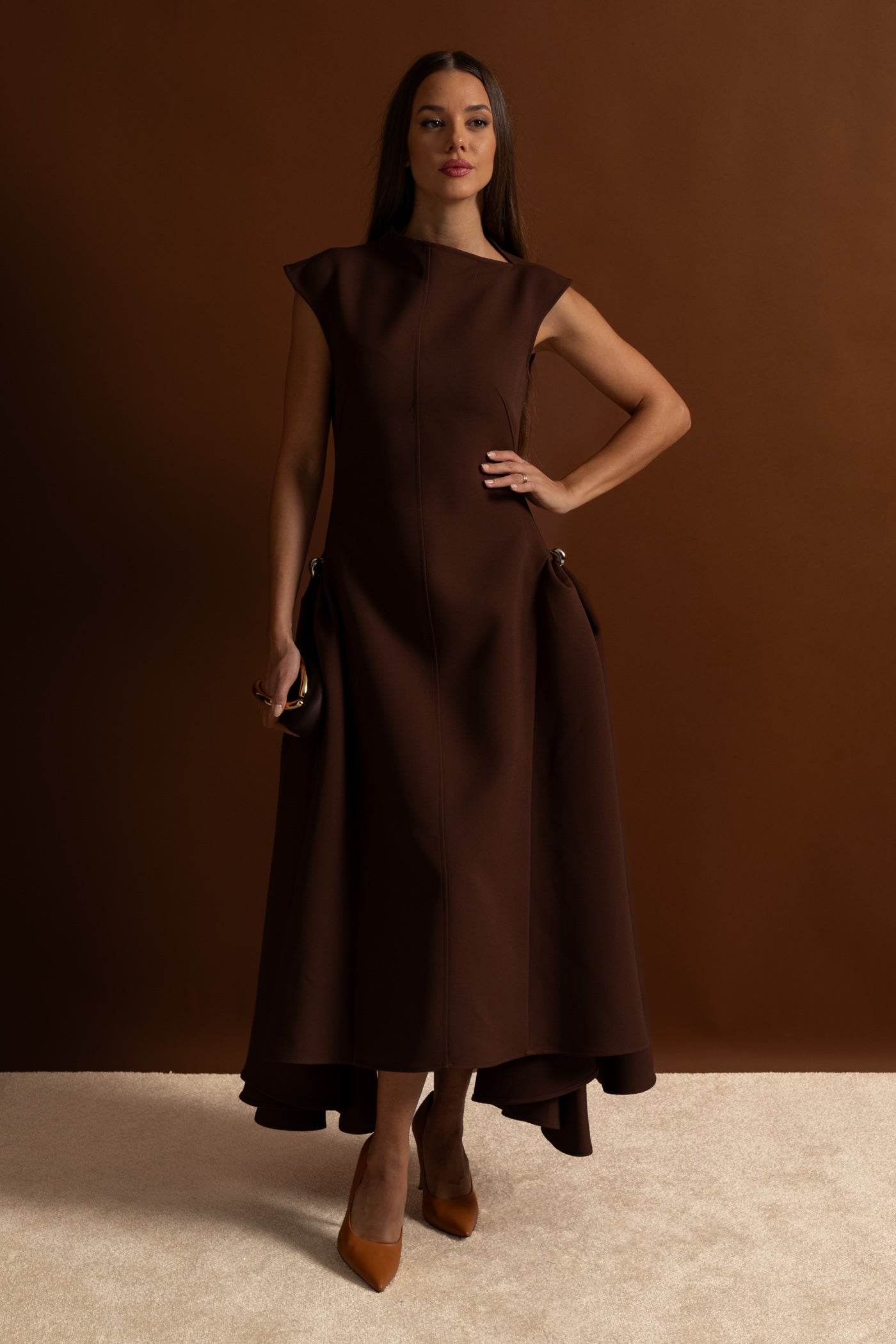 Structured Midi Dress with High-Low Hem and Metal Ring Details - Brown