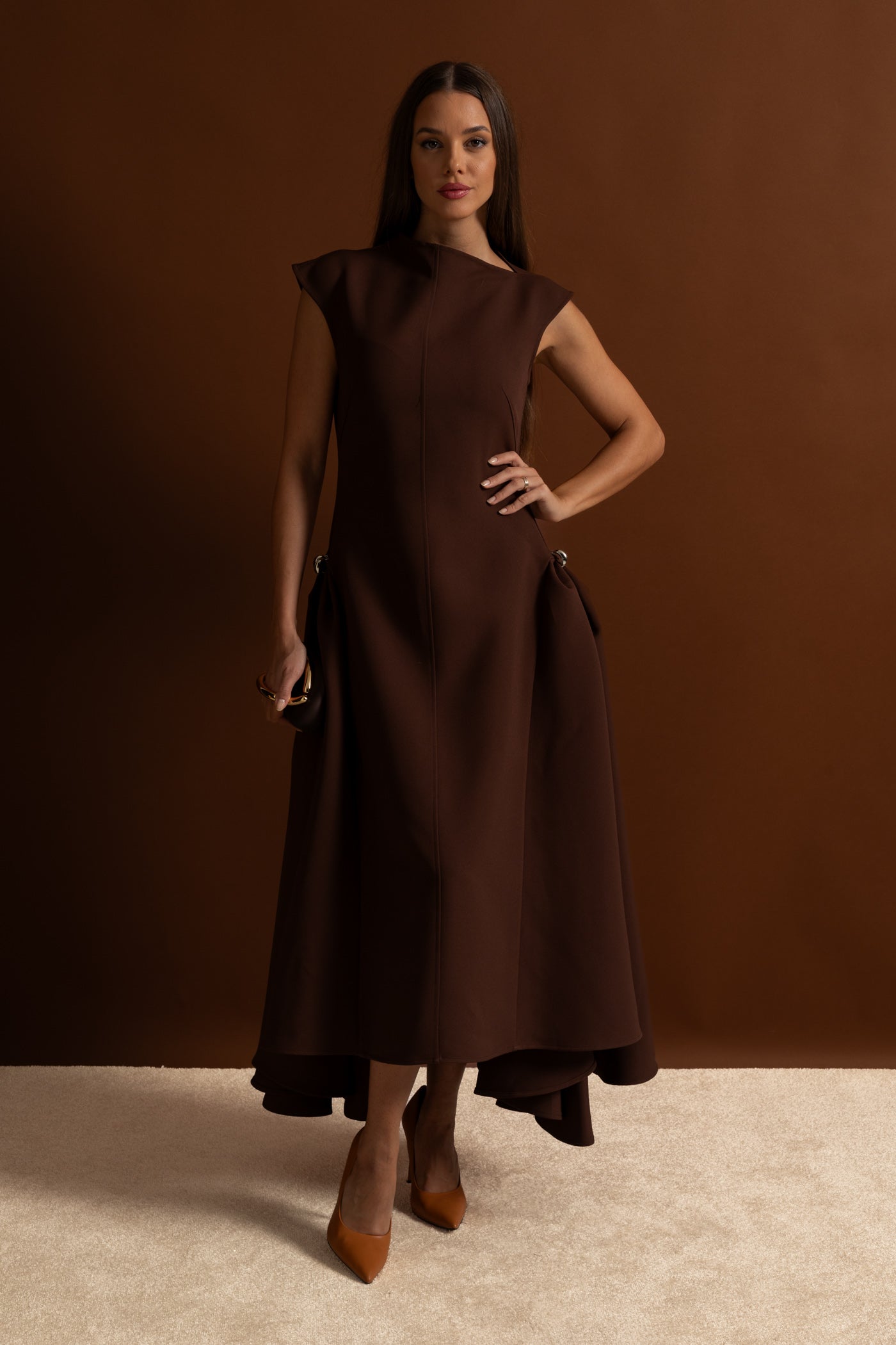 Structured Midi Dress with High-Low Hem and Metal Ring Details - Brown