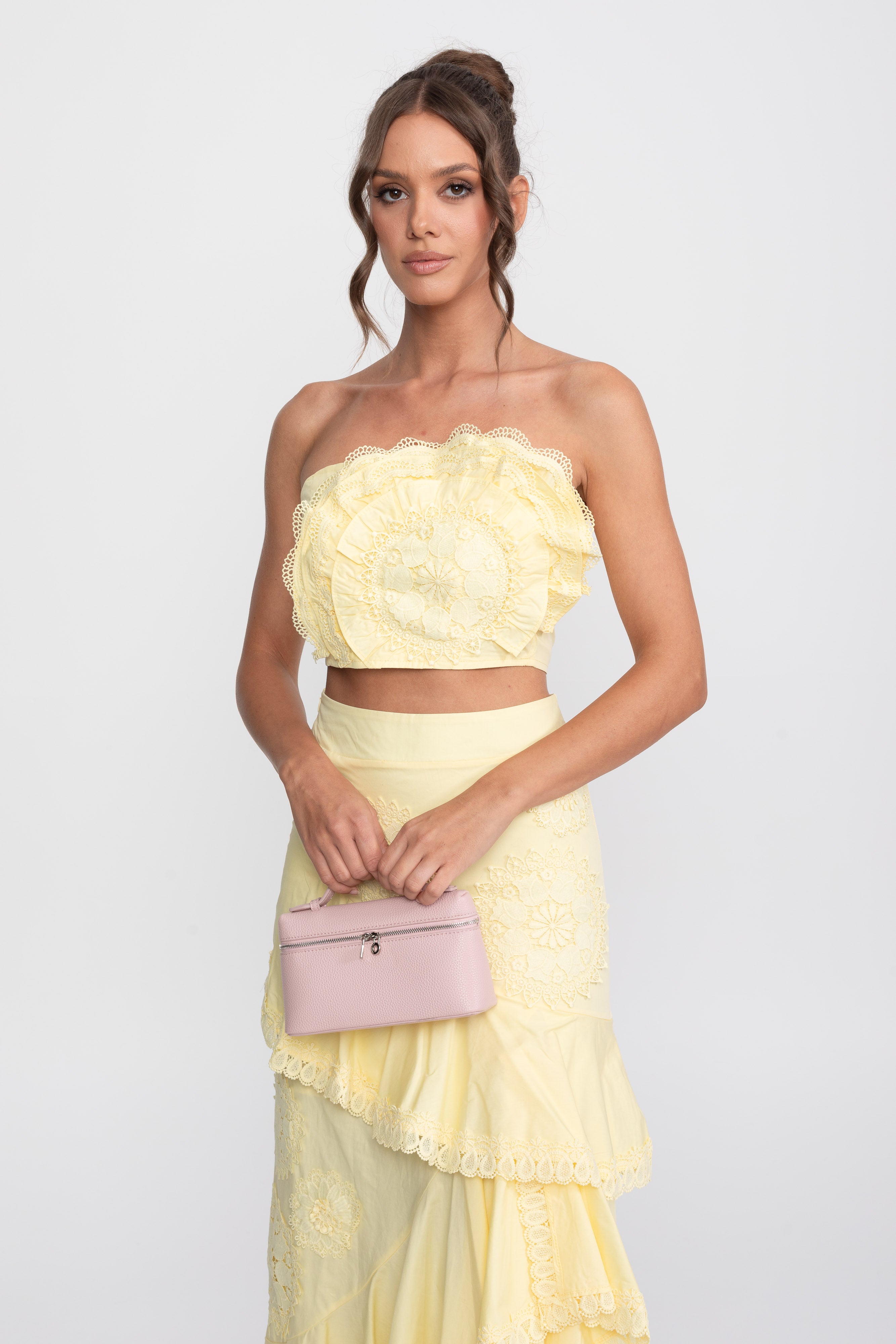 Crochet Medallion Two-Piece Set With Ruffled Maxi Skirt - Yellow