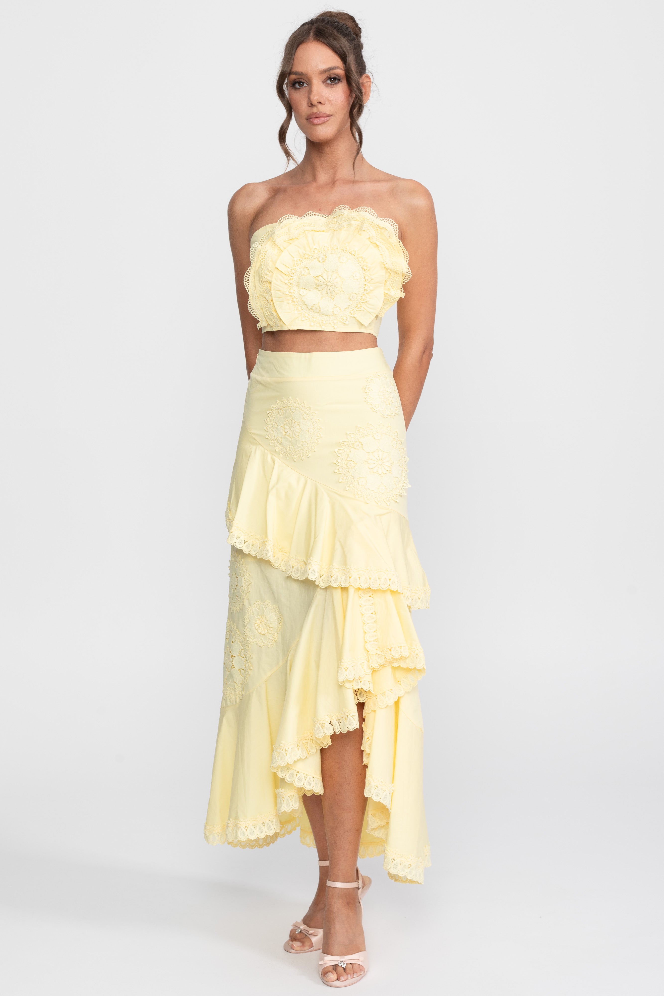 Crochet Medallion Two-Piece Set With Ruffled Maxi Skirt - Yellow