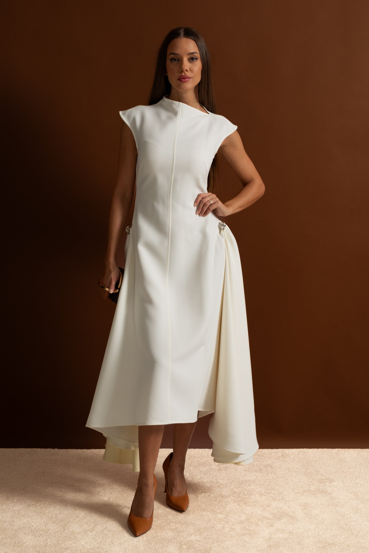 Structured Midi Dress with High-Low Hem and Metal Ring Details - White