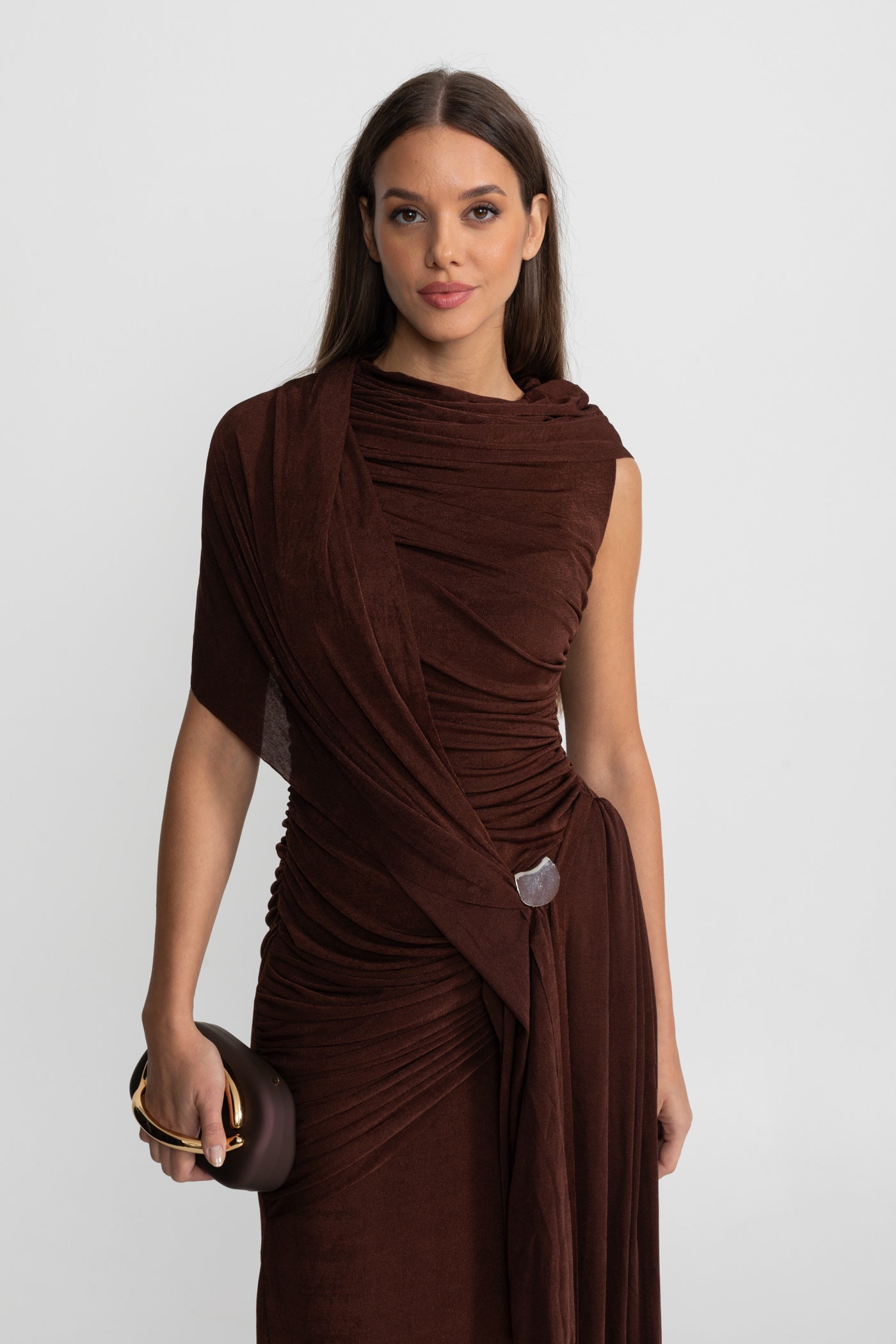 Draped Jersey Maxi Dress with Shoulder Scarf Detail - Brown